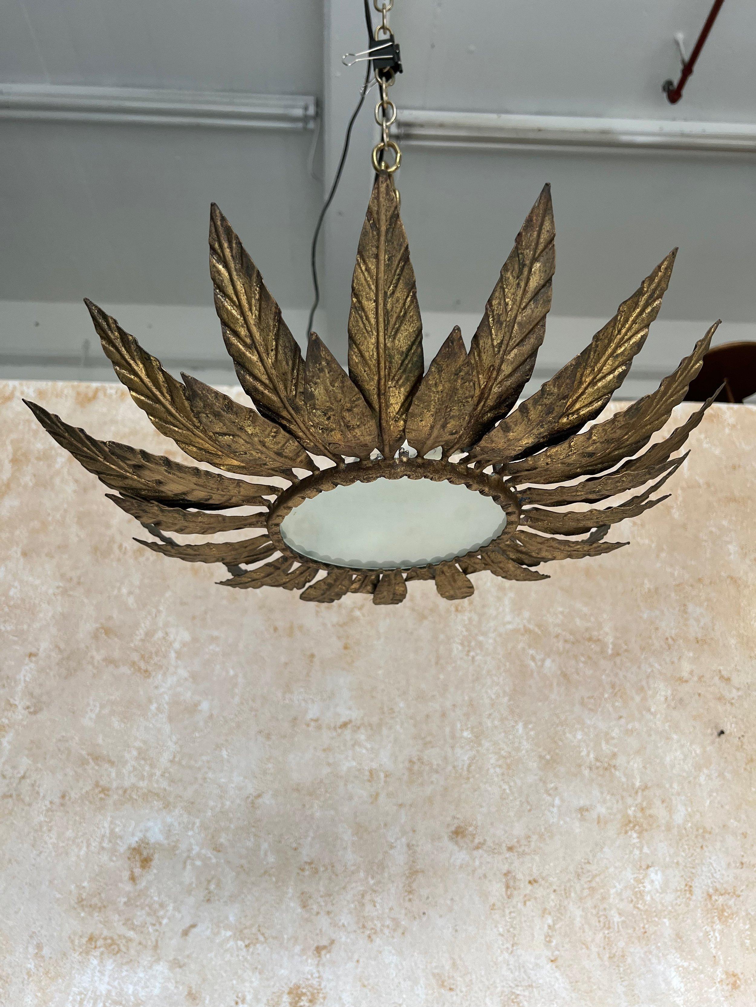 Vintage Spanish Mid-Century Gilt Metal Ceiling Fixture 8