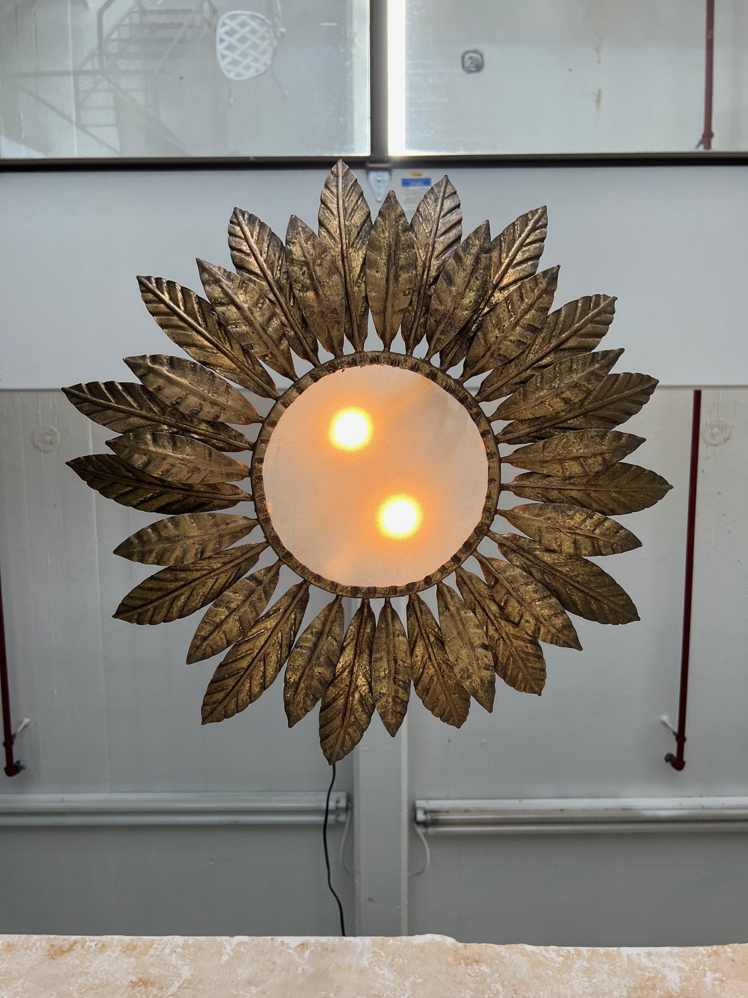 Vintage Spanish Mid-Century Gilt Metal Ceiling Fixture 9