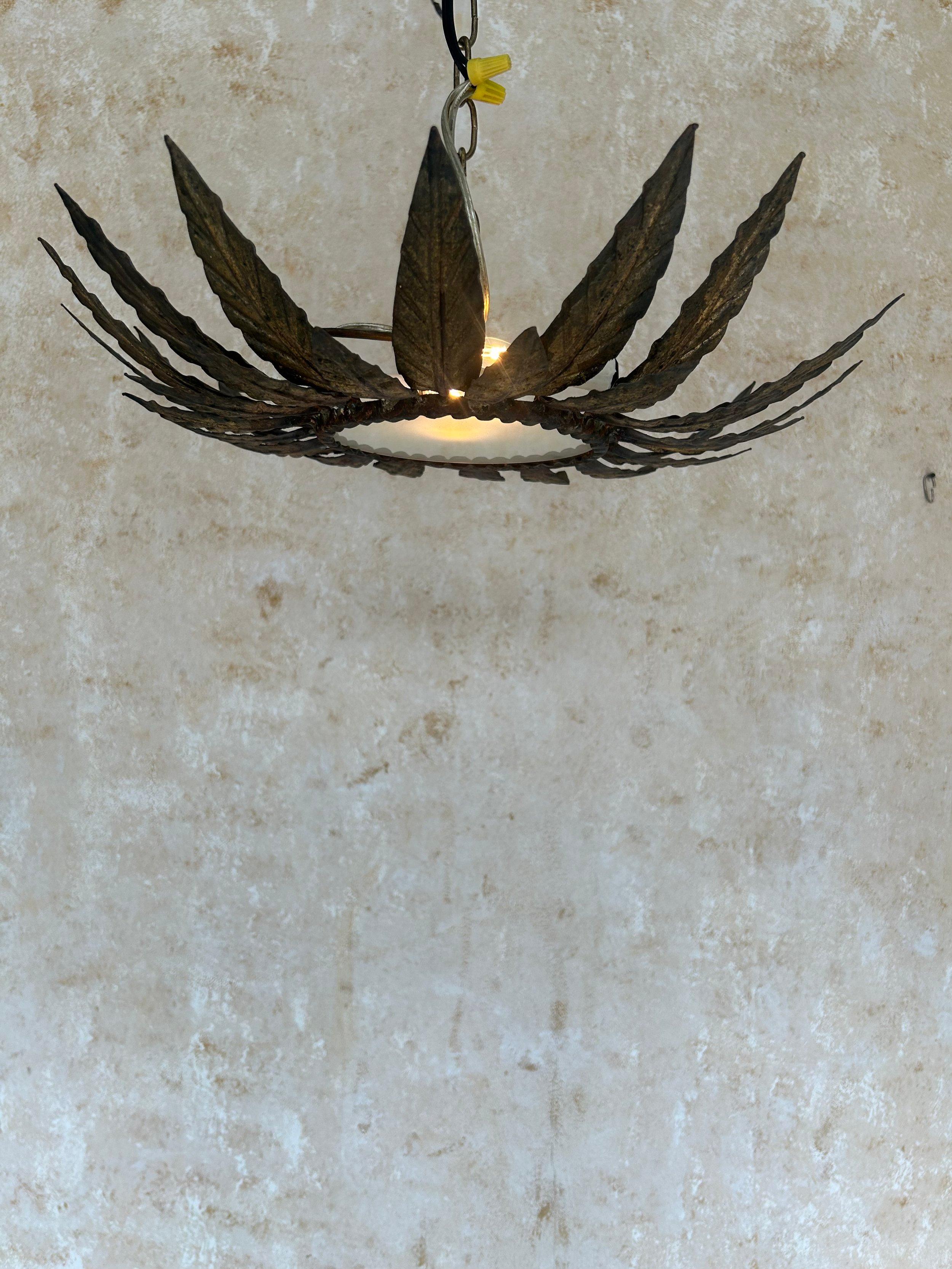 Art Nouveau Vintage Spanish Mid-Century Gilt Metal Ceiling Fixture