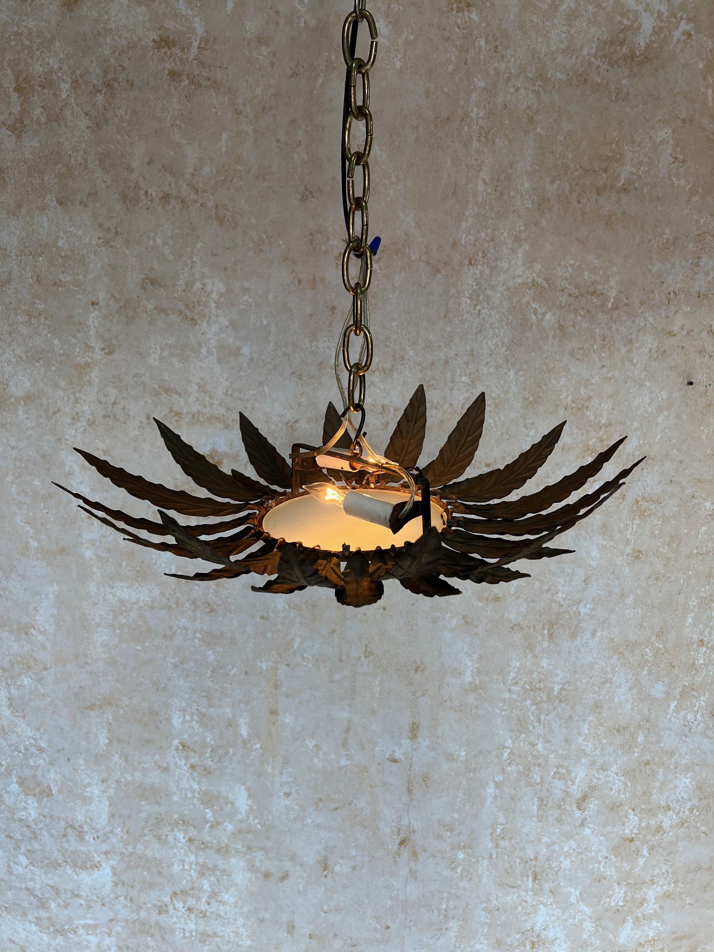 Vintage Spanish Mid-Century Gilt Metal Ceiling Fixture In Good Condition In Buchanan, NY