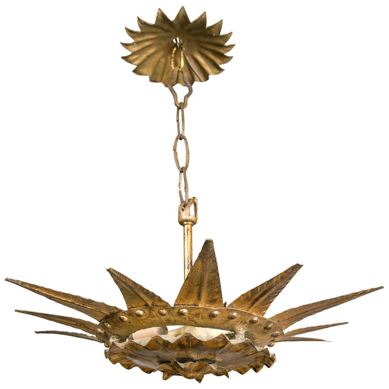Vintage Spanish Midcentury Gilt Metal Two Bulb Light Fixture With Leafy Motifs For Sale At 1stdibs