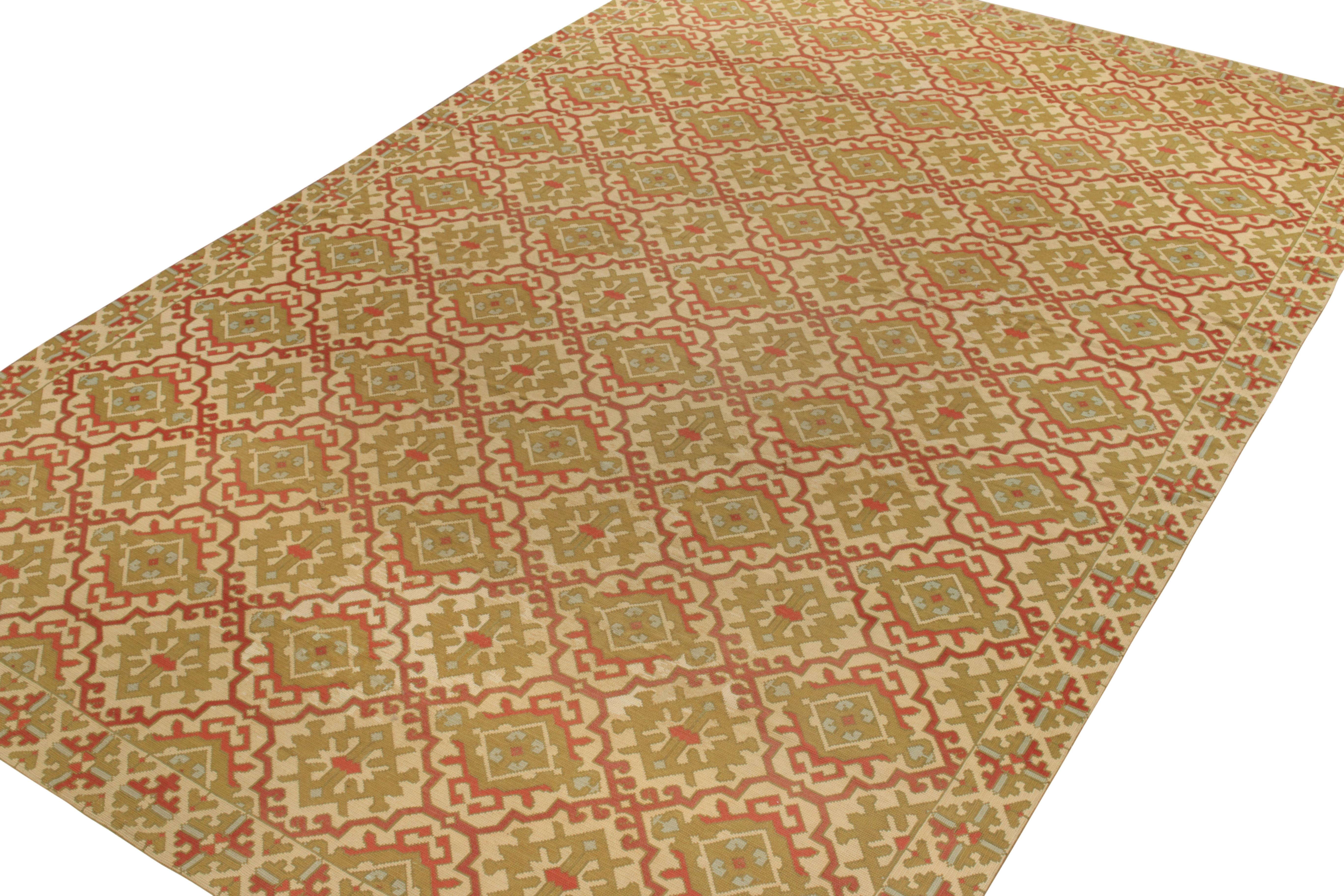 Hand-Knotted Rug & Kilim's Vintage Spanish Needlepoint Rug in Green, Red Geometric Pattern For Sale