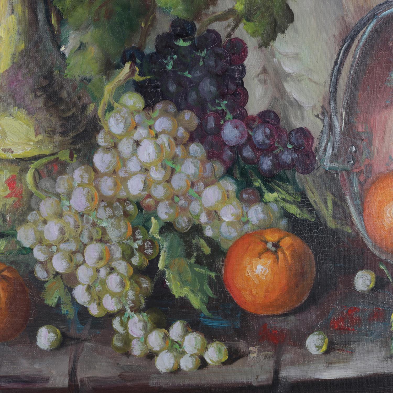 A vintage Spanish oil on canvas still life painting by V. Lazaro representing fruit and wine, signed lower left, seated in giltwood frame, 20th century

***DELIVERY NOTICE – Due to COVID-19 we are employing NO-CONTACT PRACTICES in the transfer of