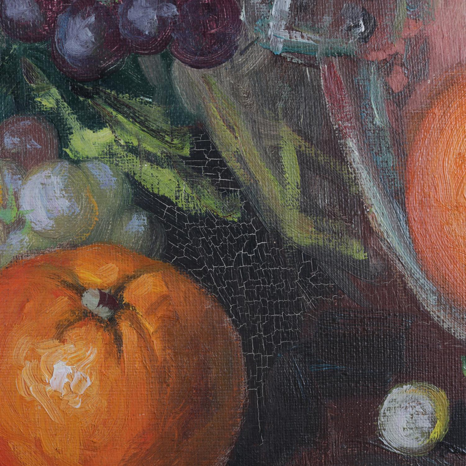 Vintage Spanish Oil on Canvas Still Life of Fruit & Wine by V. Lazaro In Good Condition In Big Flats, NY
