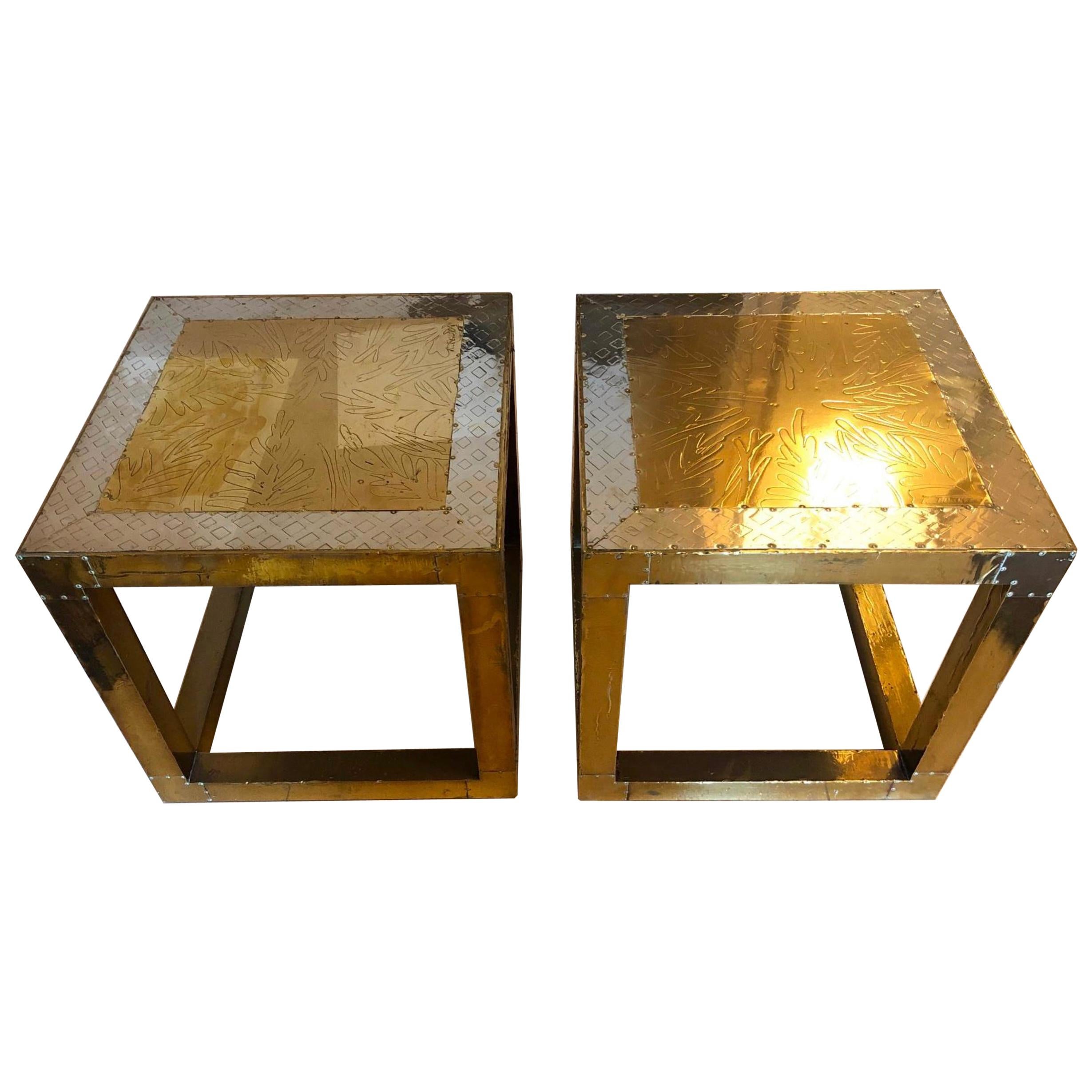 Vintage Spanish Pair of Golden Low Metal Sofa Tables Signed by Rudolfo Dubarry