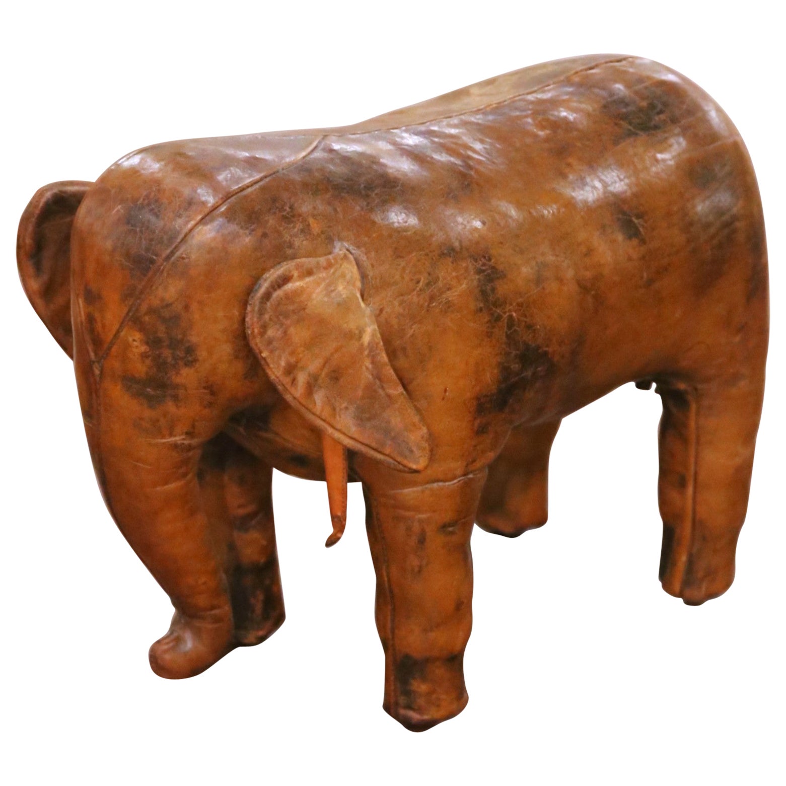Vintage Spanish Patinated Brown Leather Elephant-Shape Footstool