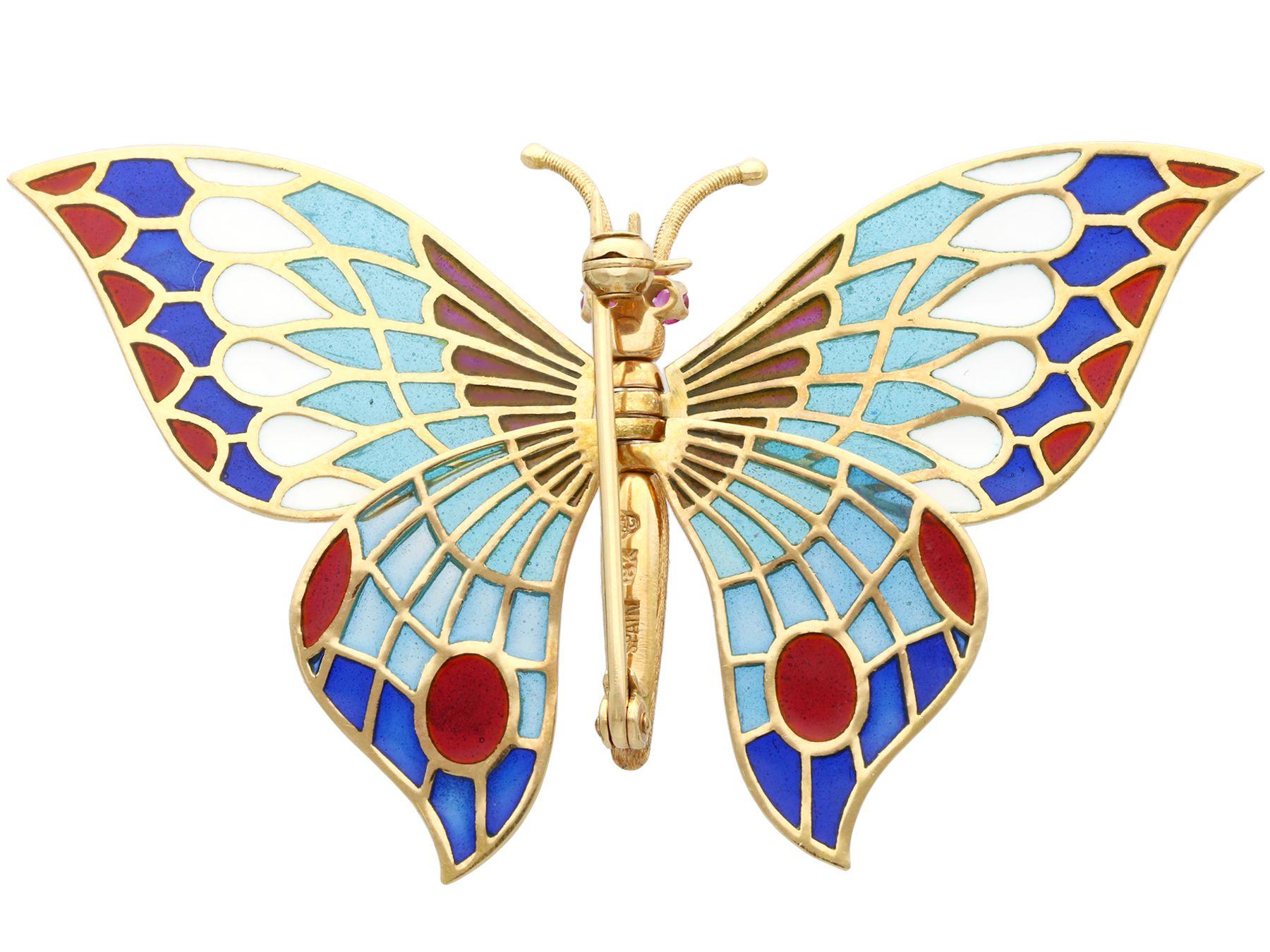 Women's or Men's Vintage Spanish Plique-a-Jour and Ruby 18k Yellow Gold Butterfly Brooch For Sale