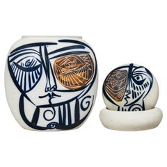 Vintage Spanish Porcelain Vase and Matching Bowl with Hand-Painted Cubist Faces