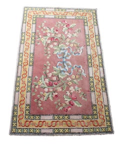 Alfombra neoclásica de cintas florales de pura lana virgen española vintage 6' x 9'
