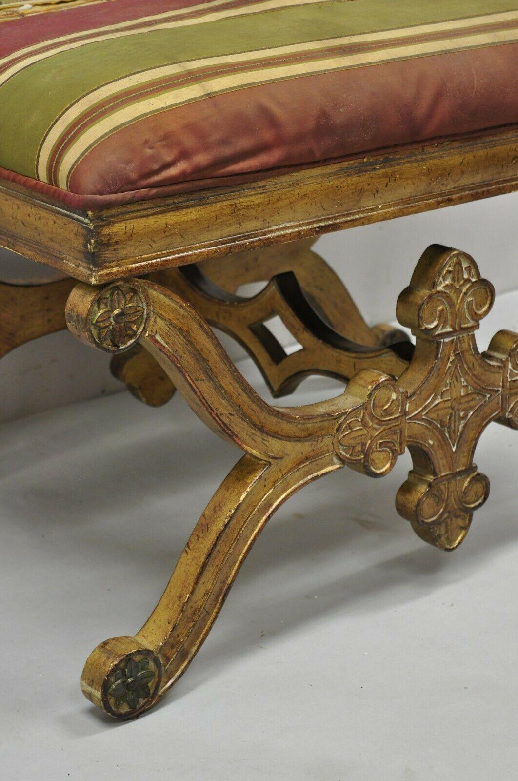 Vintage Spanish Regency Carved Wood X-Frame Gold Upholstered Stool Bench For Sale 2