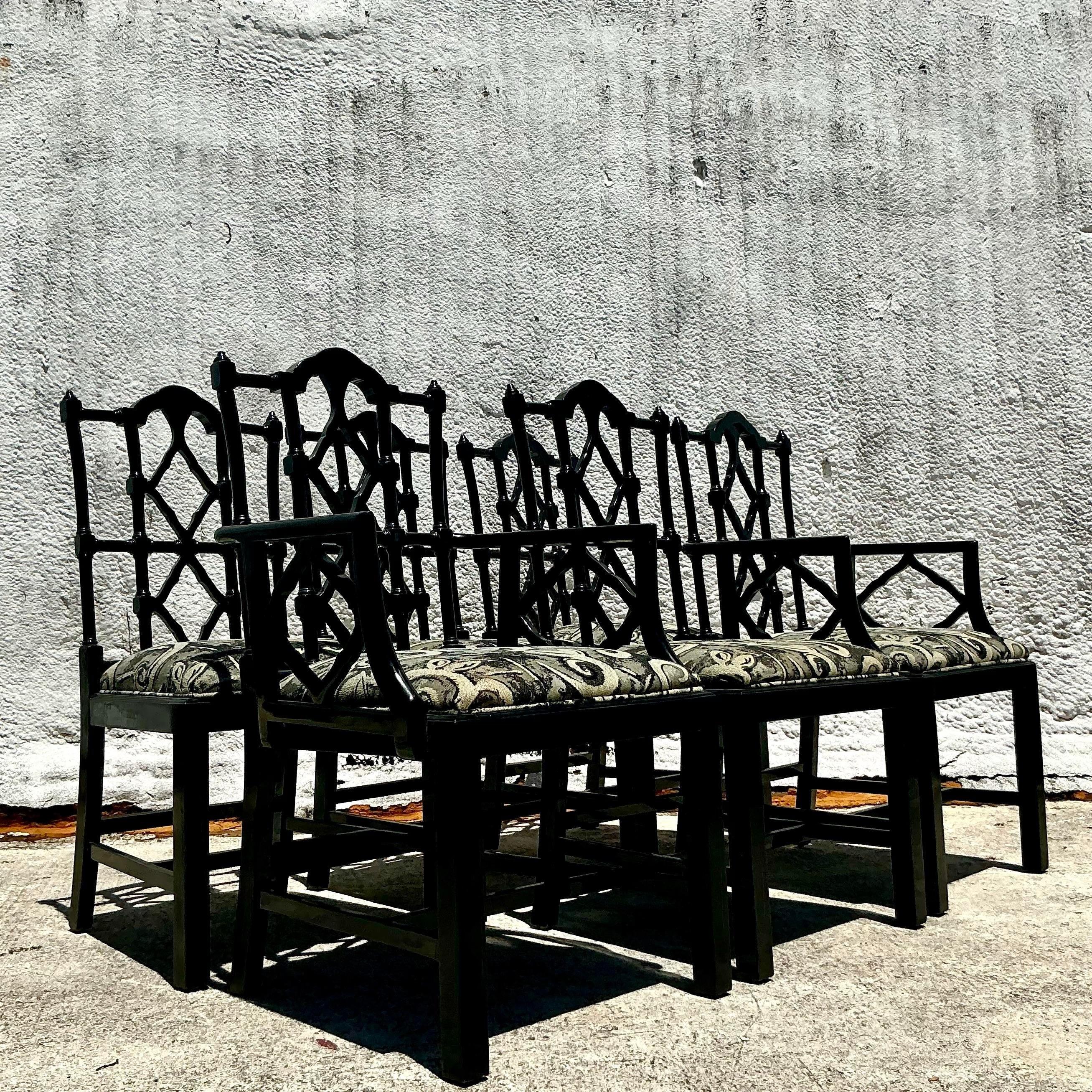 Vintage Spanish Regency Lacquered Chippendale Dining Chairs - Set of 6 In Good Condition In west palm beach, FL