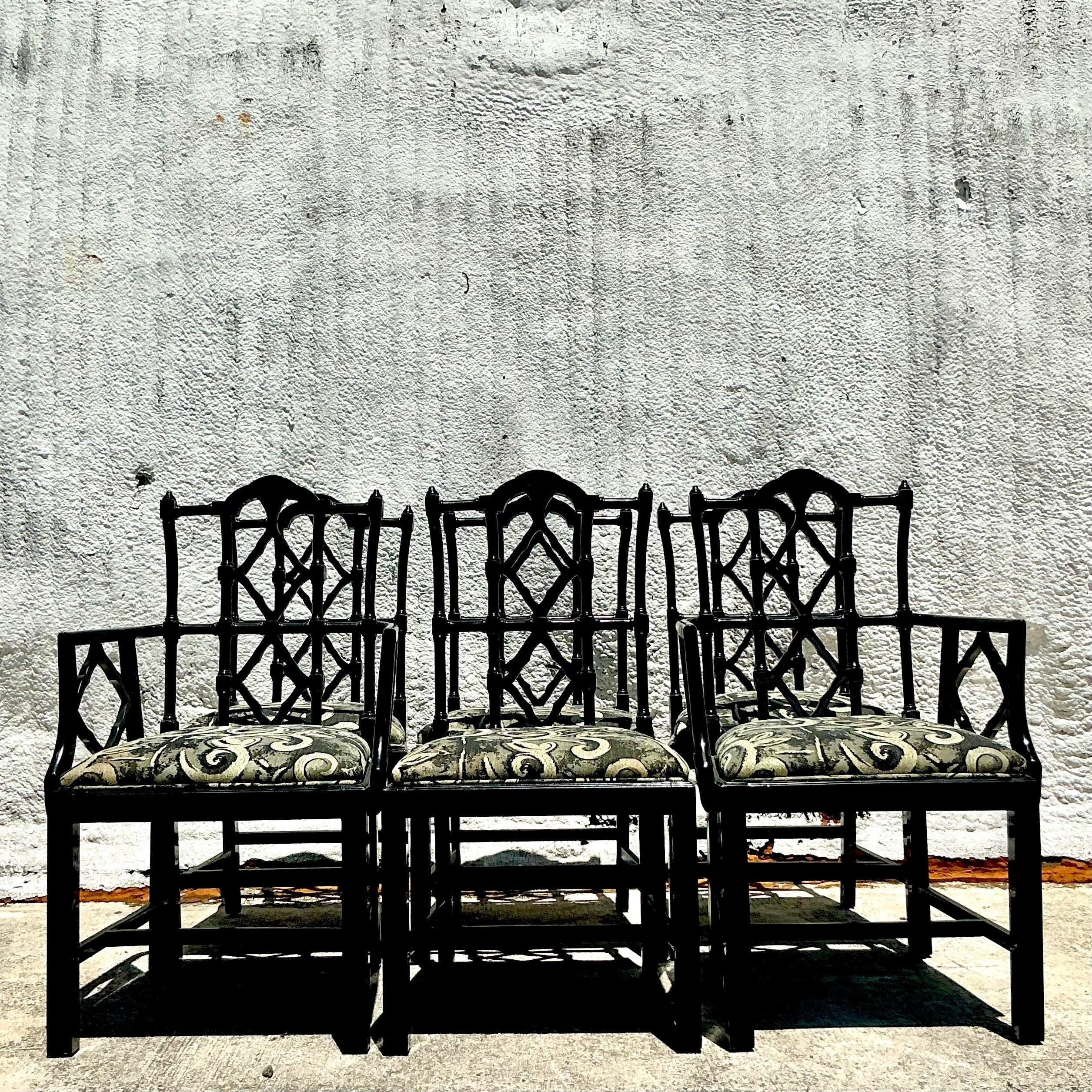 20th Century Vintage Spanish Regency Lacquered Chippendale Dining Chairs - Set of 6