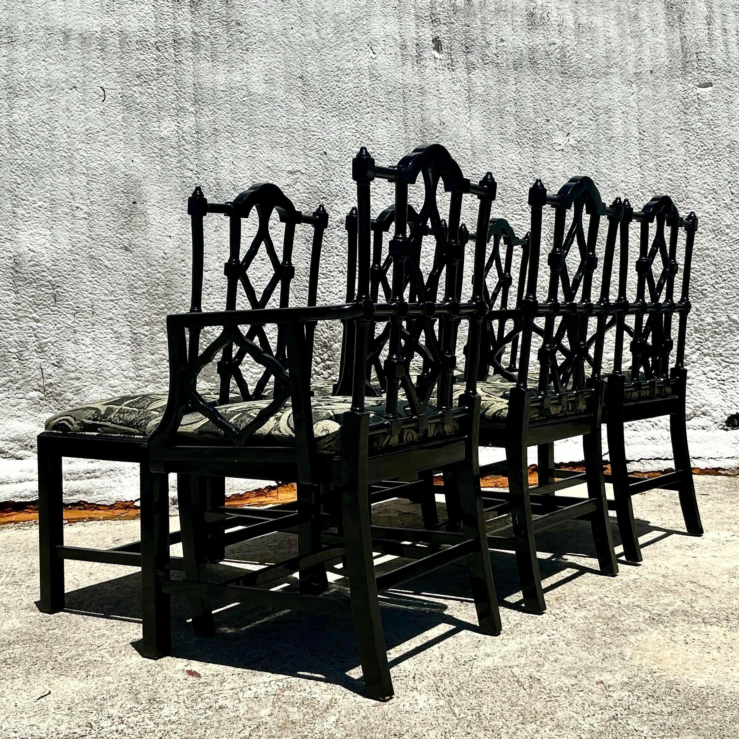 Upholstery Vintage Spanish Regency Lacquered Chippendale Dining Chairs - Set of 6