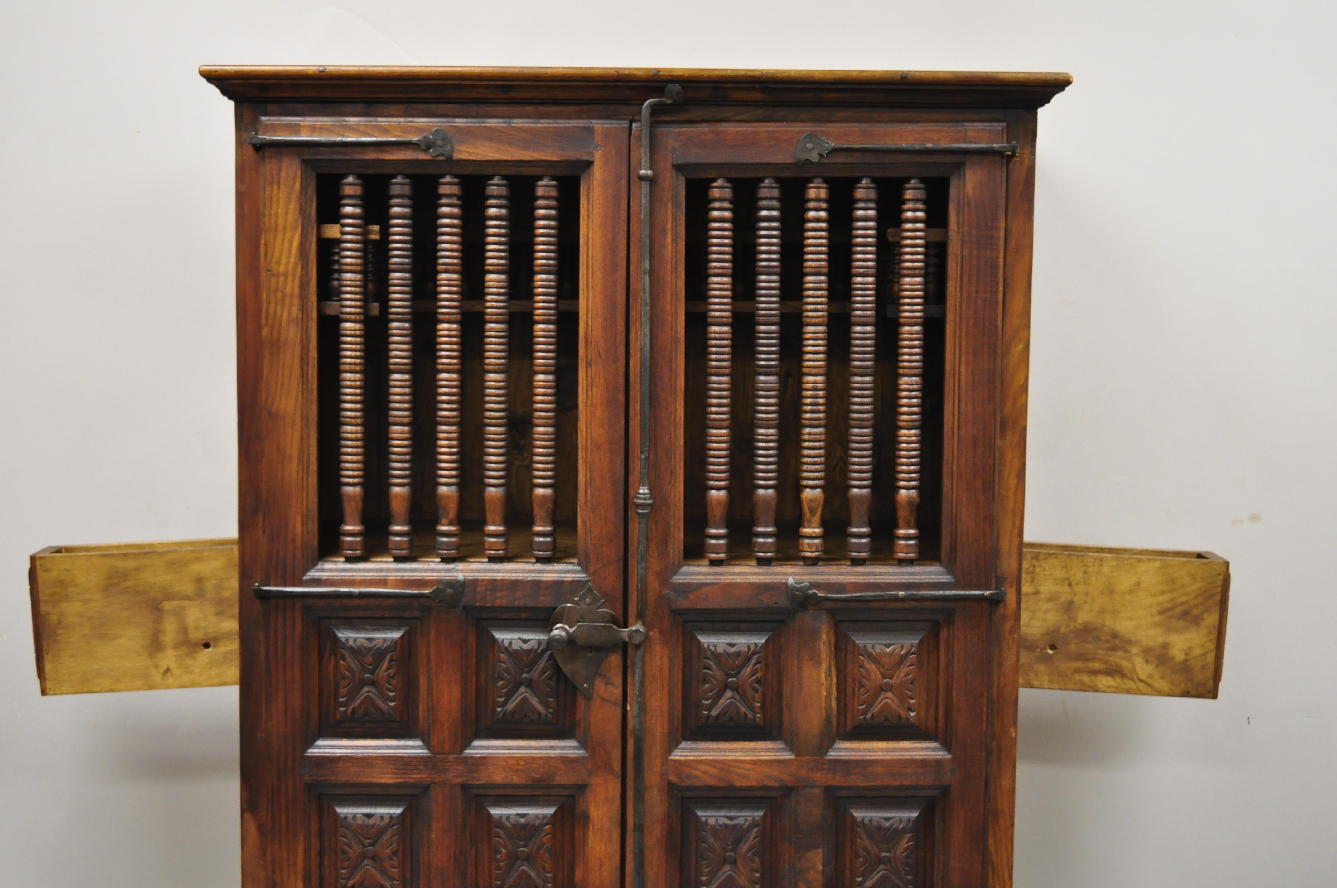 Cast Vintage Spanish Renaissance Carved Cabinet Cupboard Raised Panel Spindle Carving