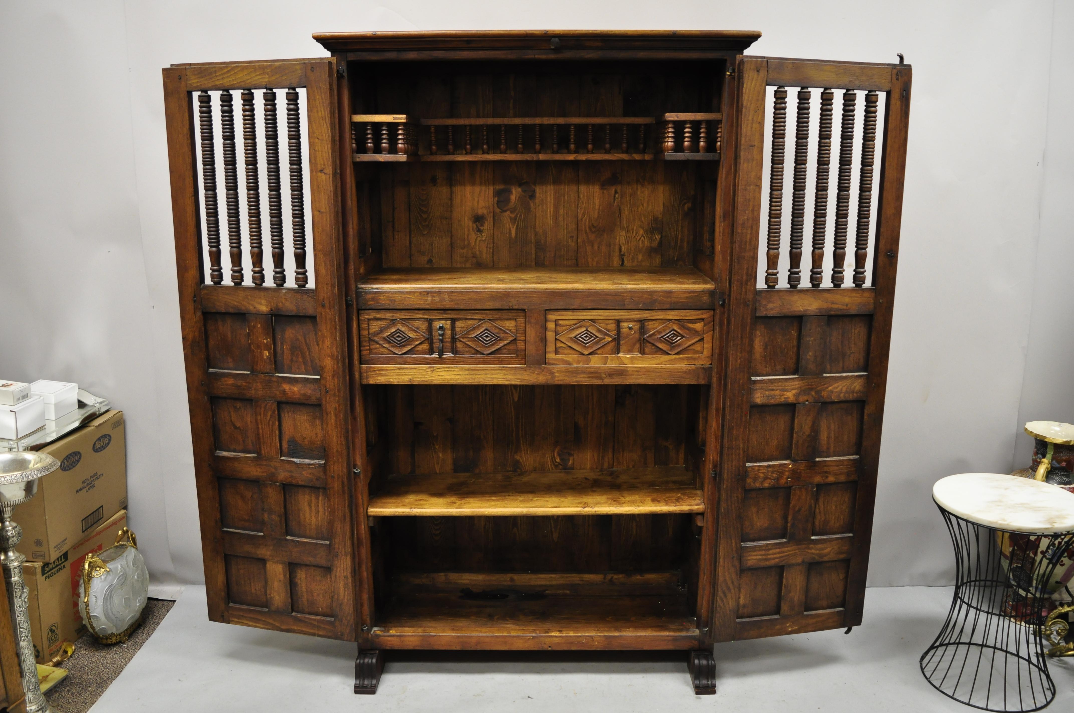 Pine Vintage Spanish Renaissance Carved Cabinet Cupboard Raised Panel Spindle Carving