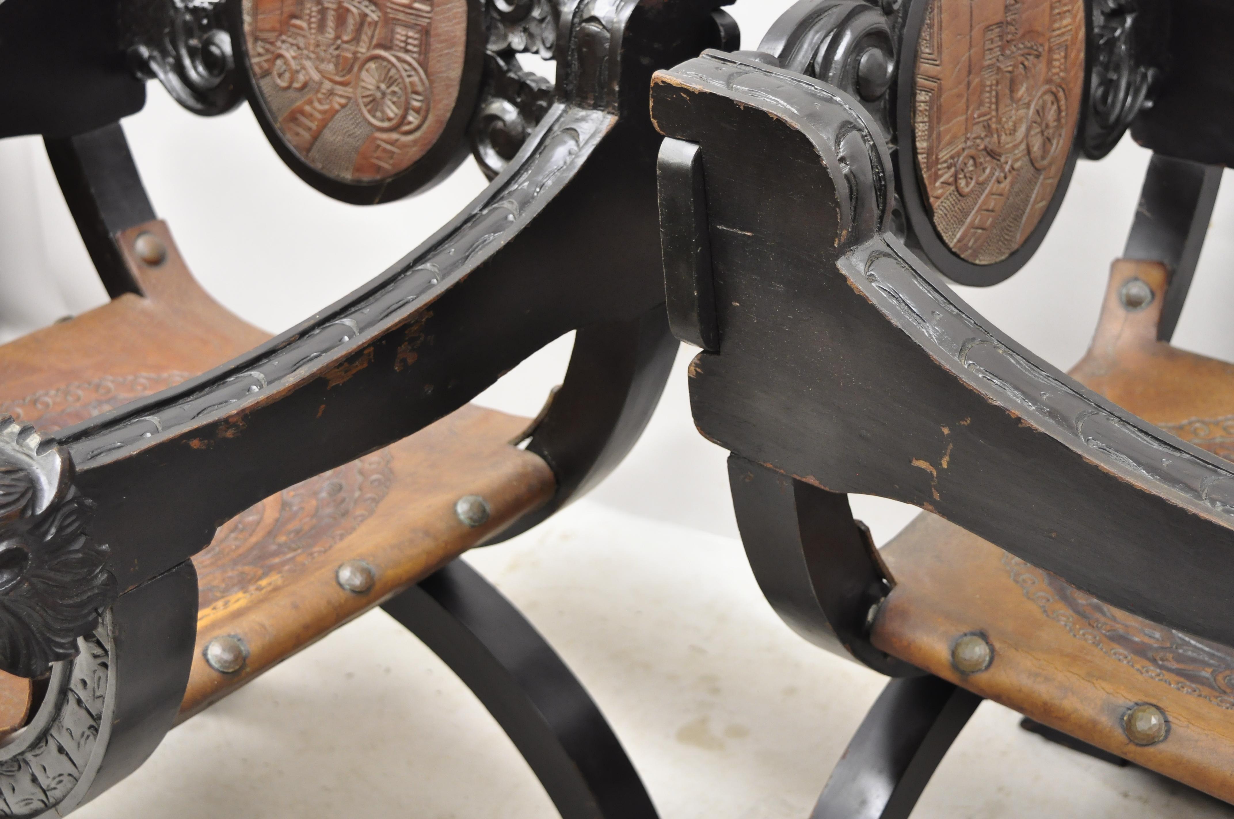 Vintage Spanish Renaissance Leather Lion Carved Savonarola Throne Chair, a Pair 5