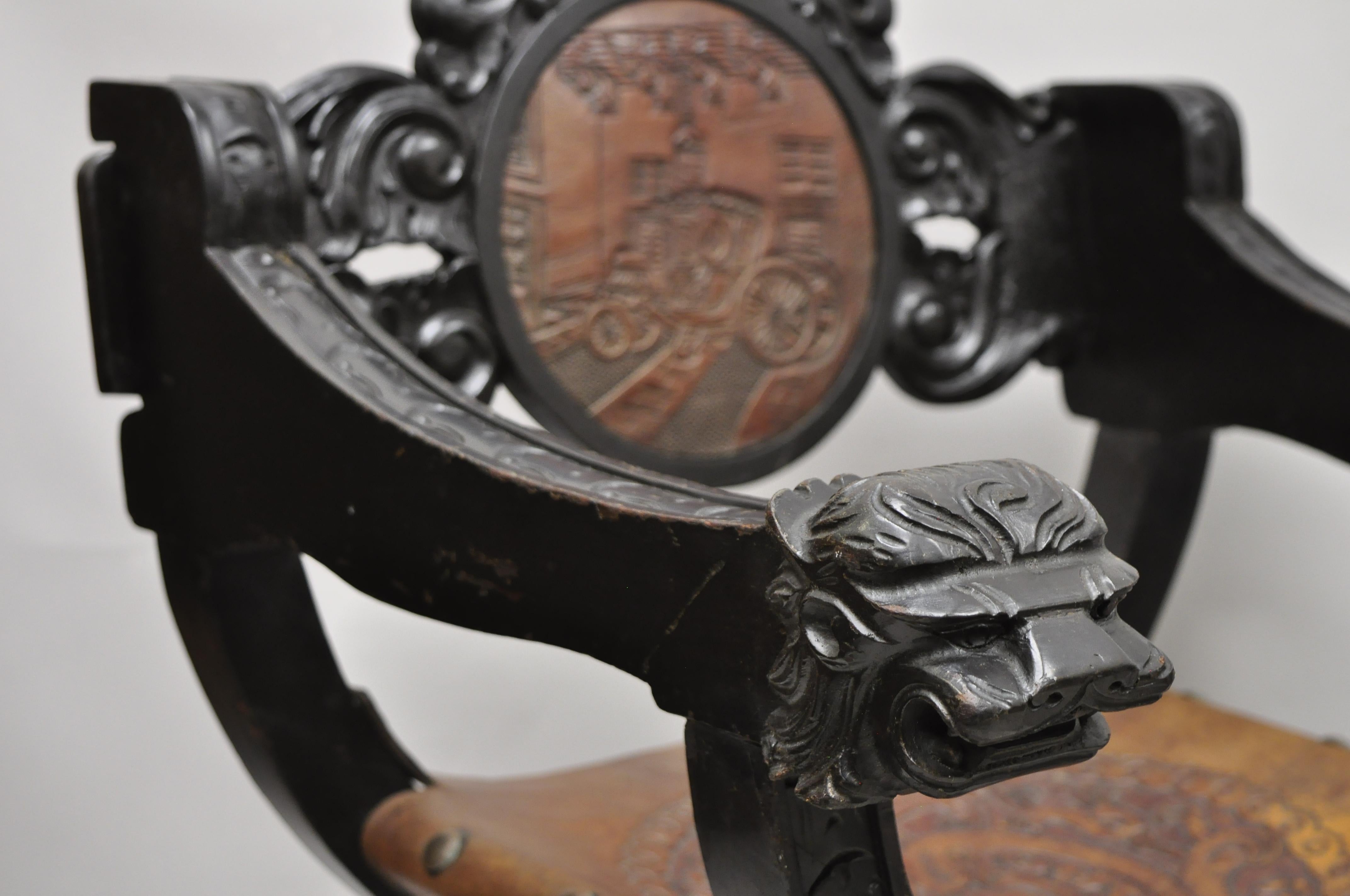 Vintage Spanish Renaissance Leather Lion Carved Savonarola Throne Chair, a Pair 7