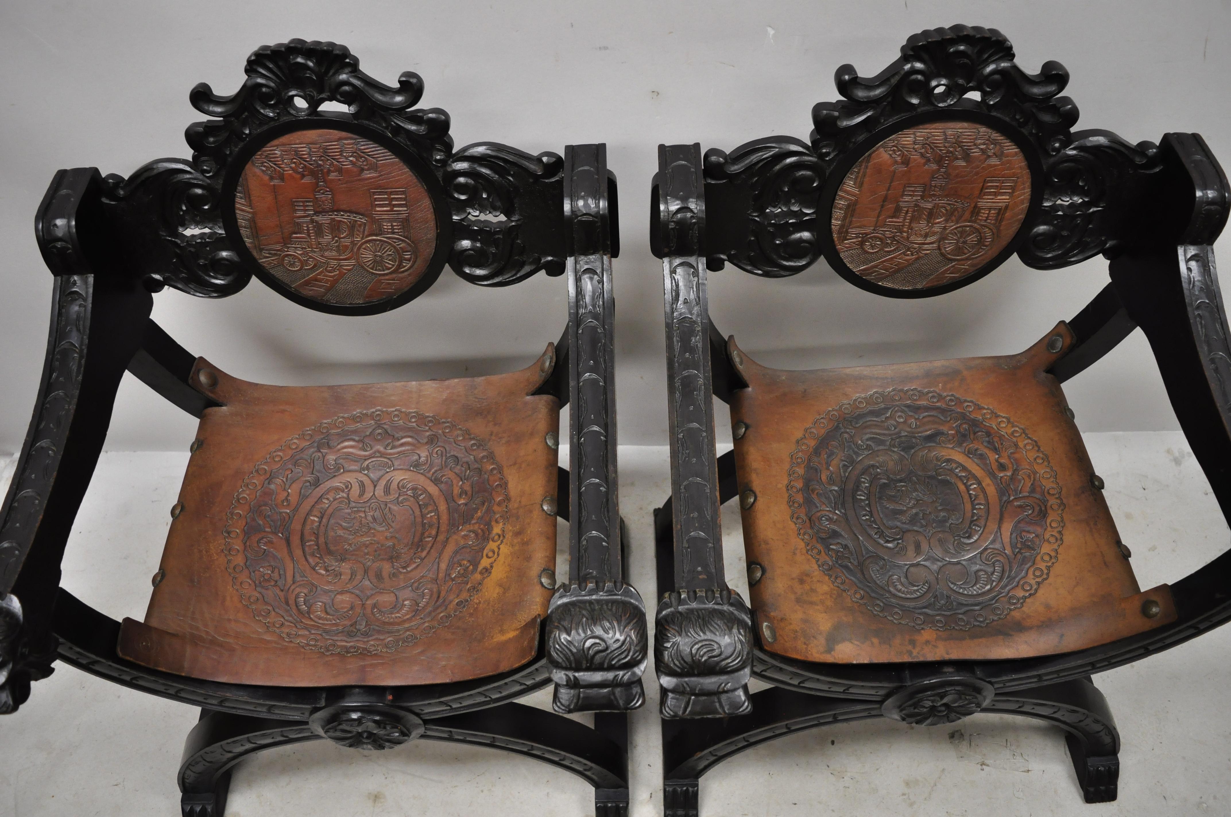 Mexican Vintage Spanish Renaissance Leather Lion Carved Savonarola Throne Chair, a Pair