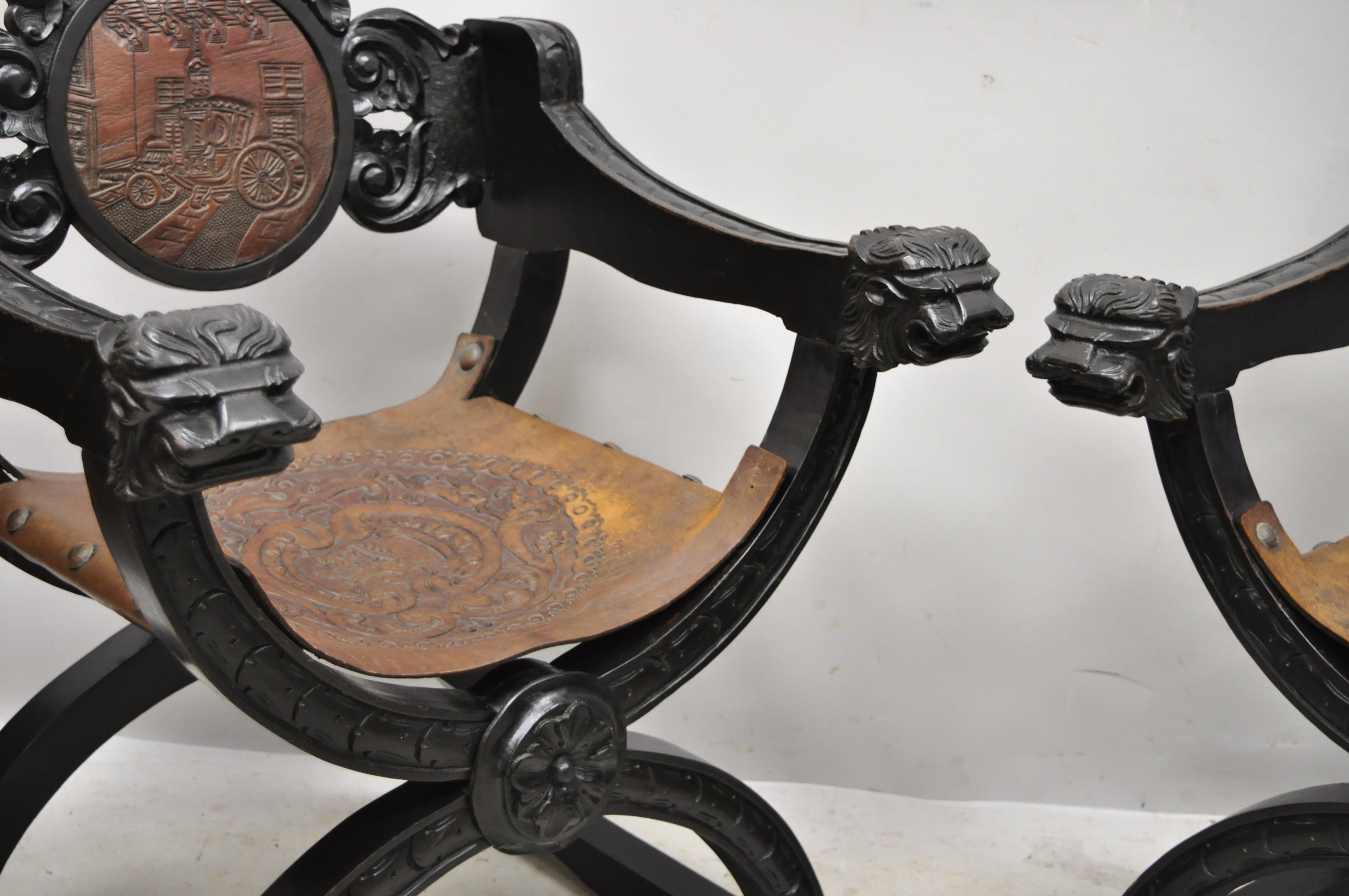 Vintage Spanish Renaissance Leather Lion Carved Savonarola Throne Chair, a Pair In Good Condition In Philadelphia, PA