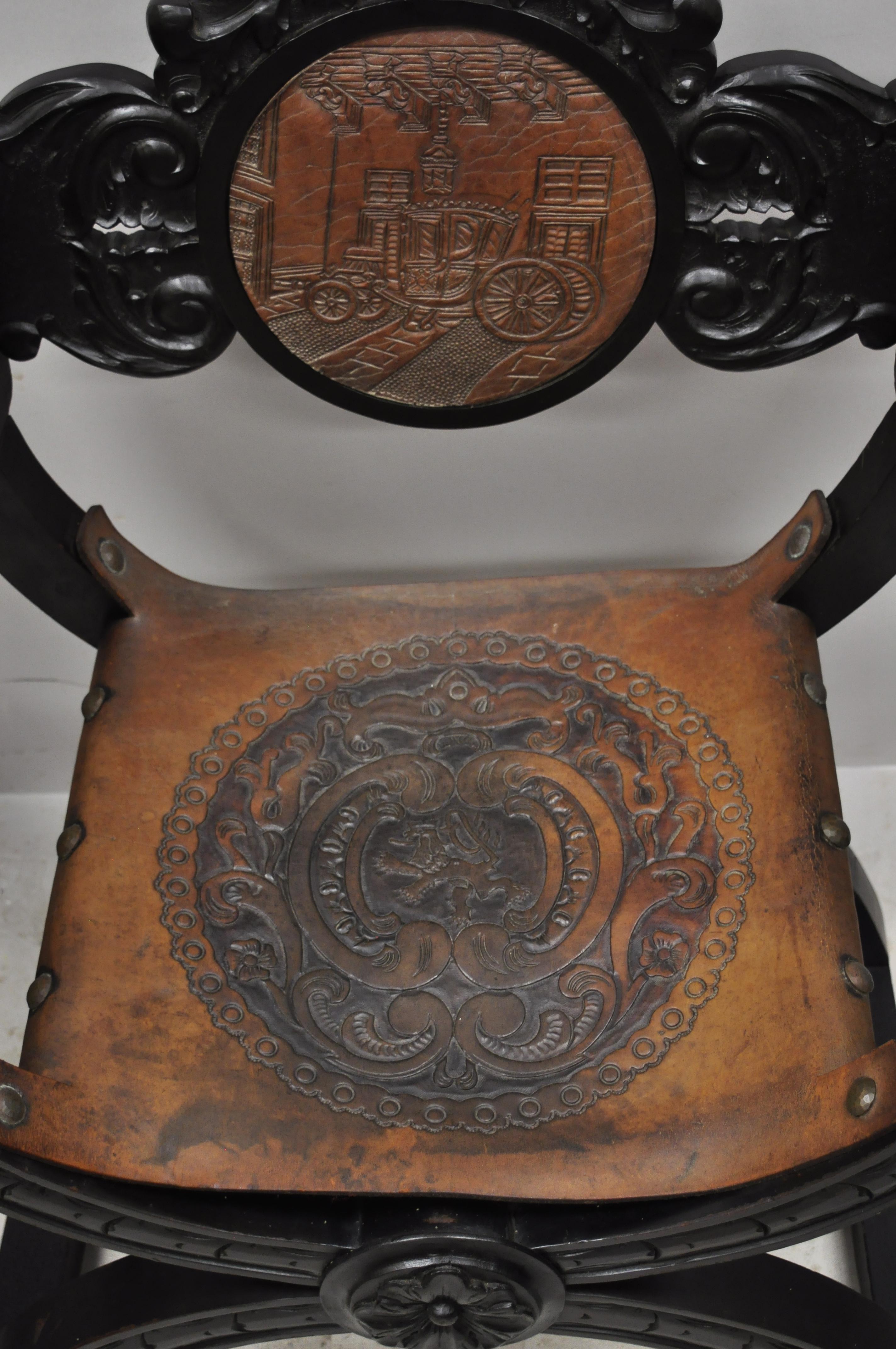 Vintage Spanish Renaissance Leather Lion Carved Savonarola Throne Chair, a Pair 3