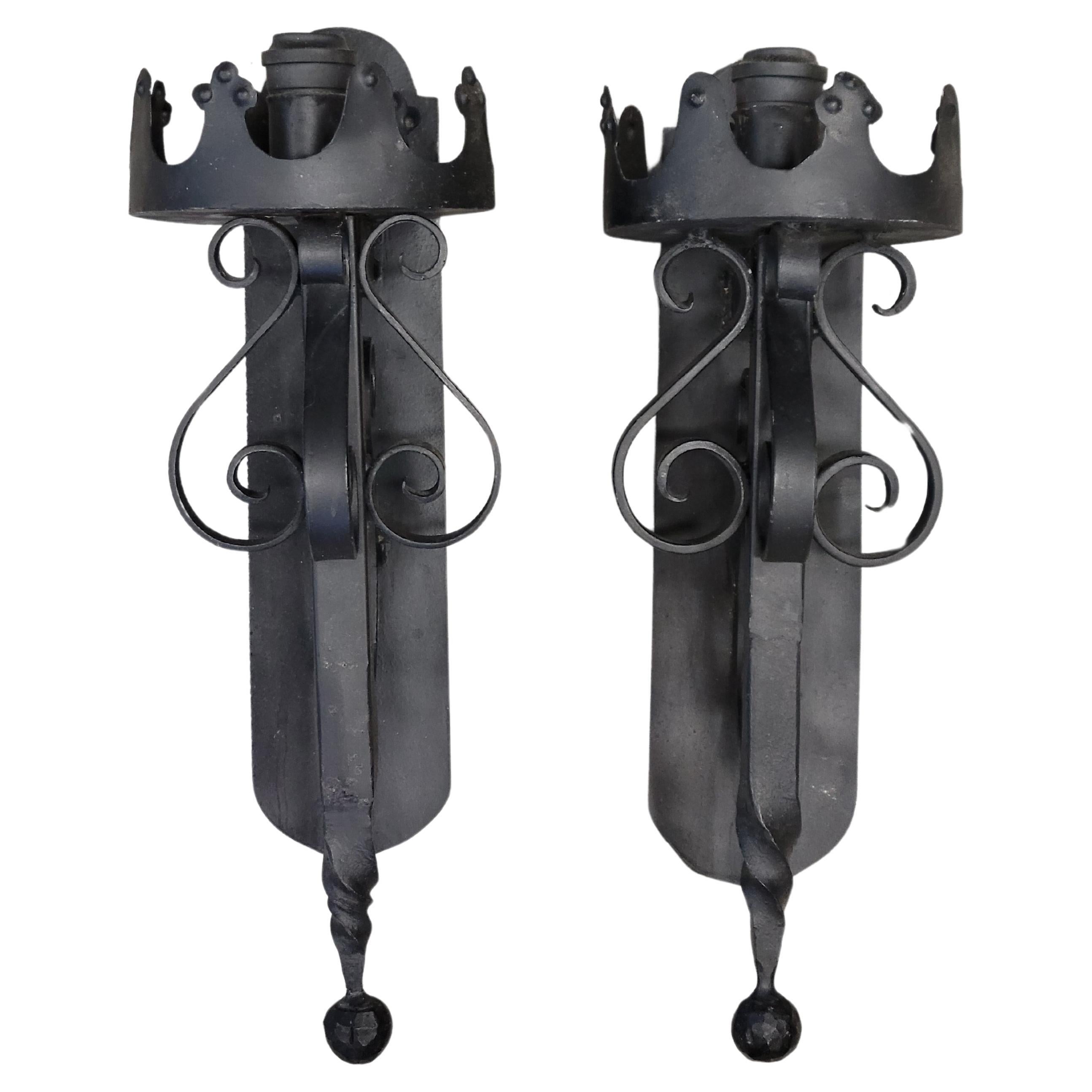 Vintage Spanish Revival Black Iron Wired Wall Sconces - a Pair