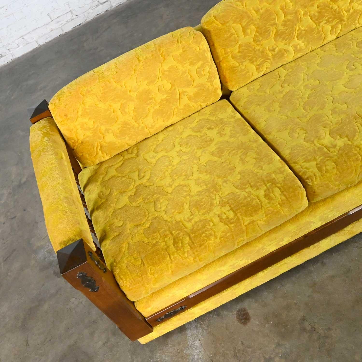 Brass Vintage Spanish Revival Gold Textured Fabric Sofa Turned with Spindle Sides For Sale