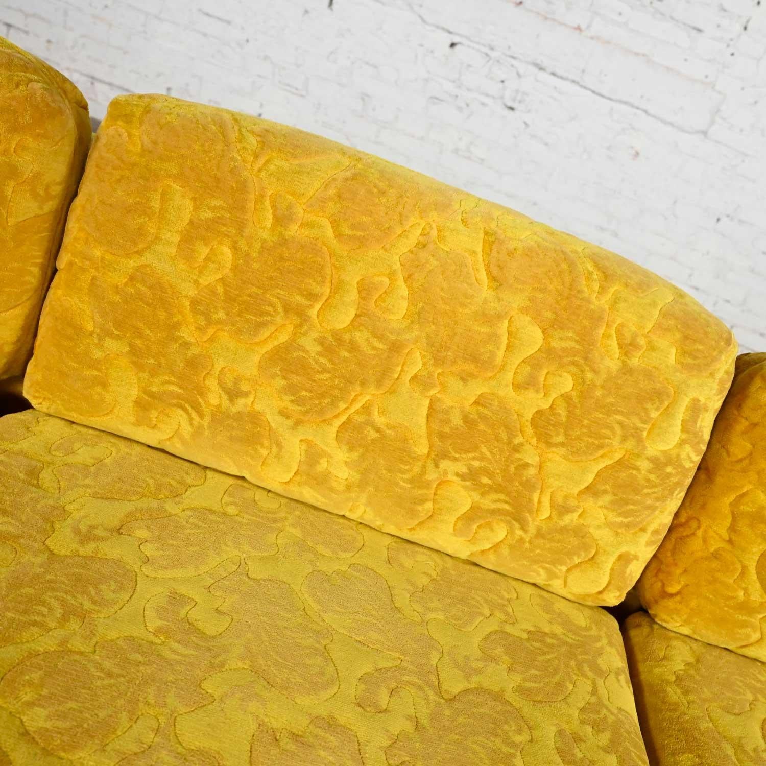 Vintage Spanish Revival Gold Textured Fabric Sofa Turned with Spindle Sides For Sale 1