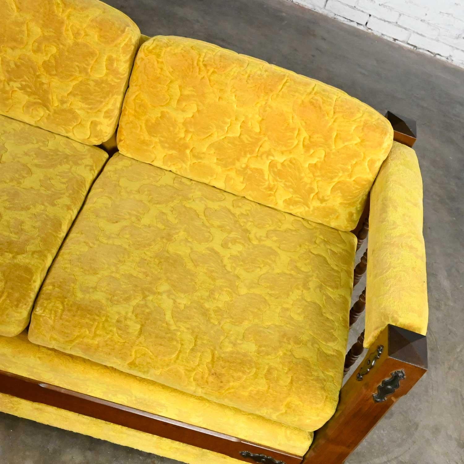 Vintage Spanish Revival Gold Textured Fabric Sofa Turned with Spindle Sides For Sale 3