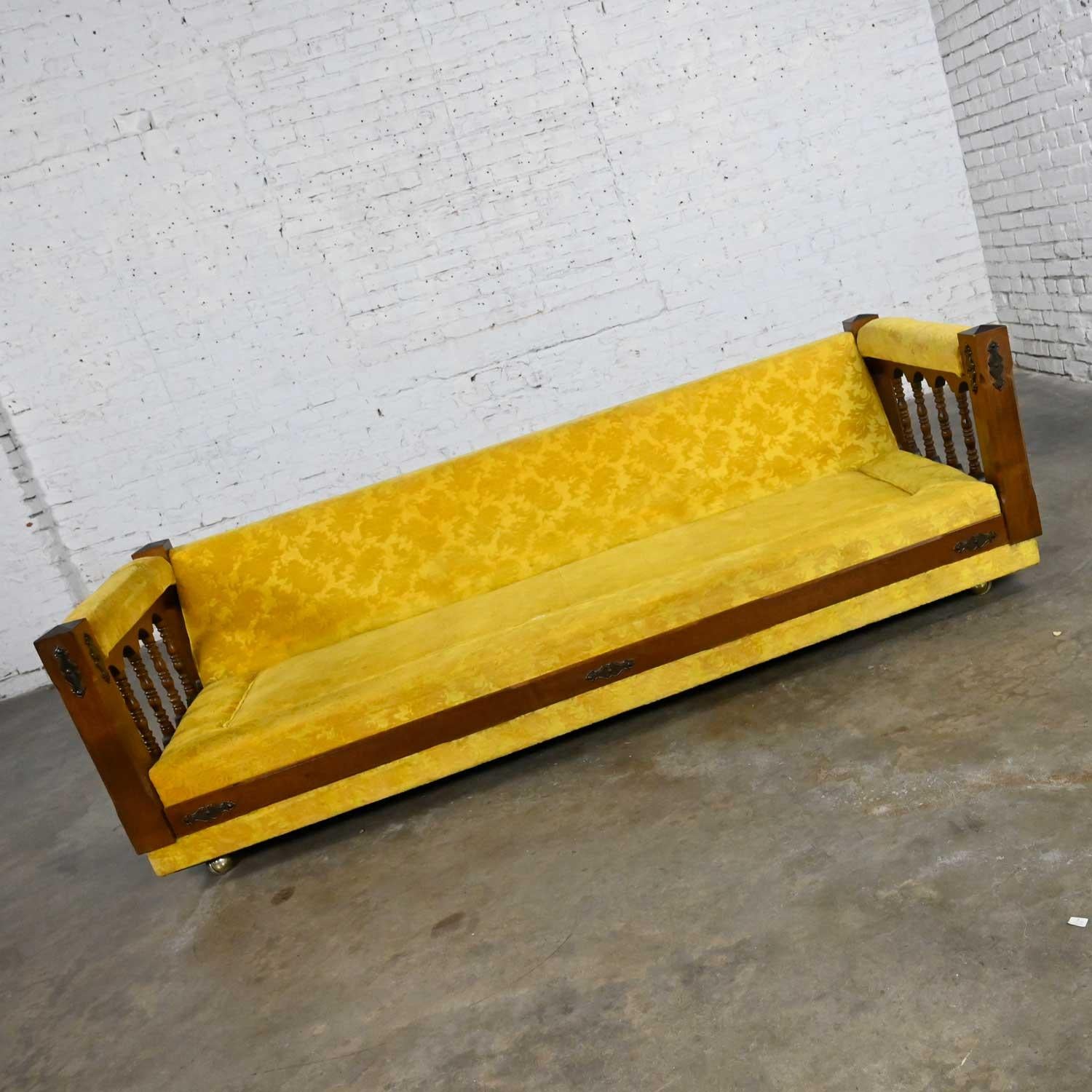 Vintage Spanish Revival Gold Textured Fabric Sofa Turned with Spindle Sides In Good Condition For Sale In Topeka, KS