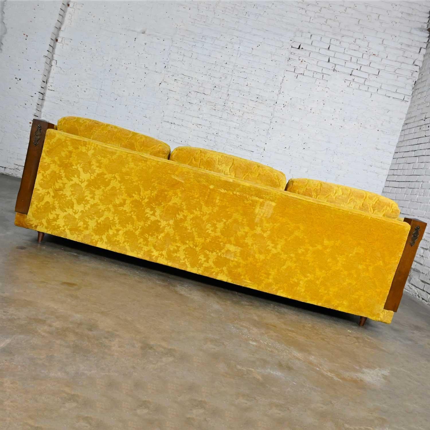 20th Century Vintage Spanish Revival Gold Textured Fabric Sofa Turned with Spindle Sides For Sale