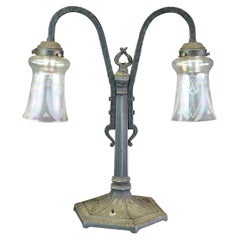 Vintage Spanish Revival Industrial Wrought Iron Table Lamp Tiffany Style Shades