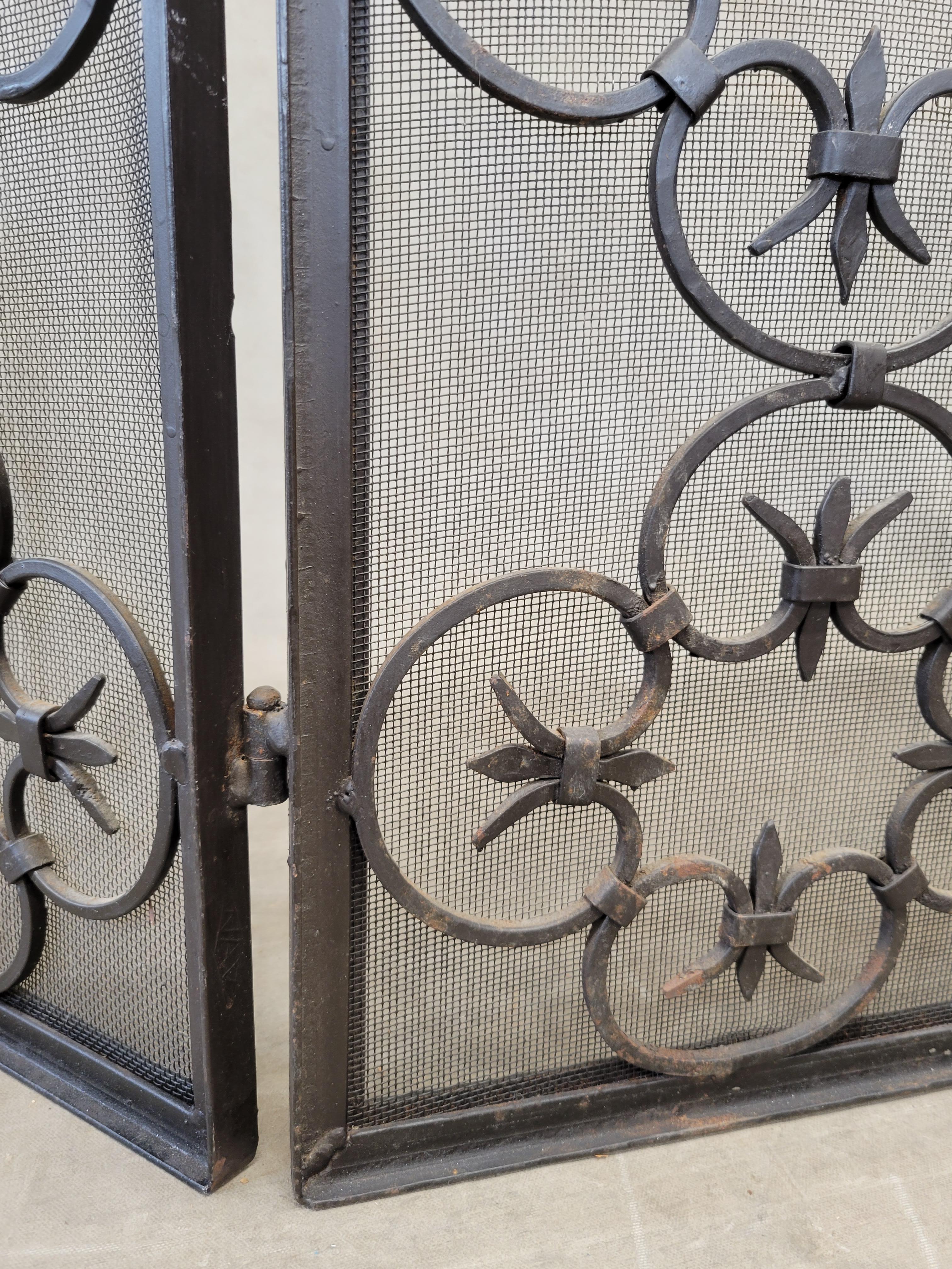 Vintage Spanish Revival Iron Three Panel Folding Fireplace Screen For Sale 4