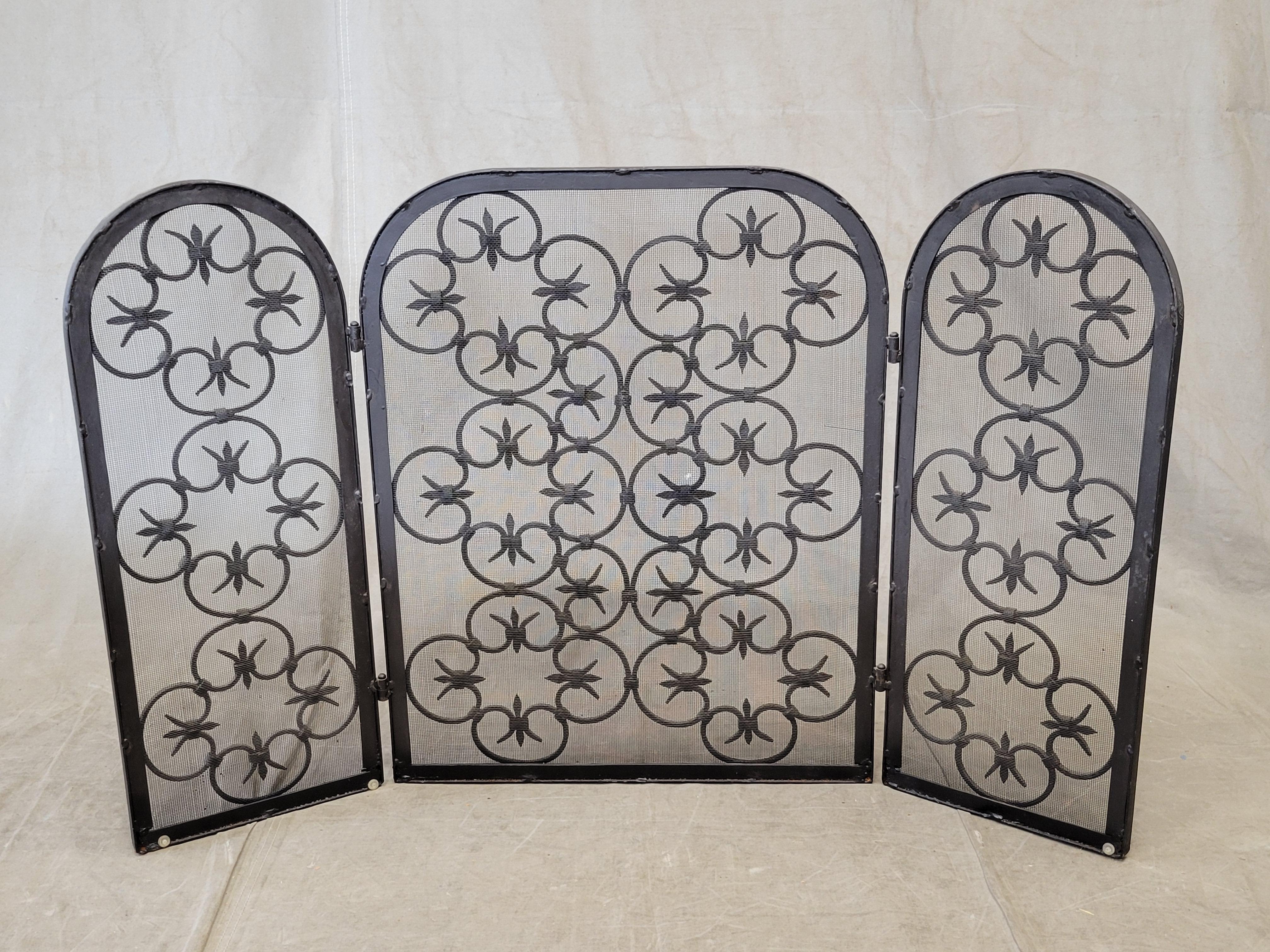 Vintage Spanish Revival Iron Three Panel Folding Fireplace Screen For Sale 5