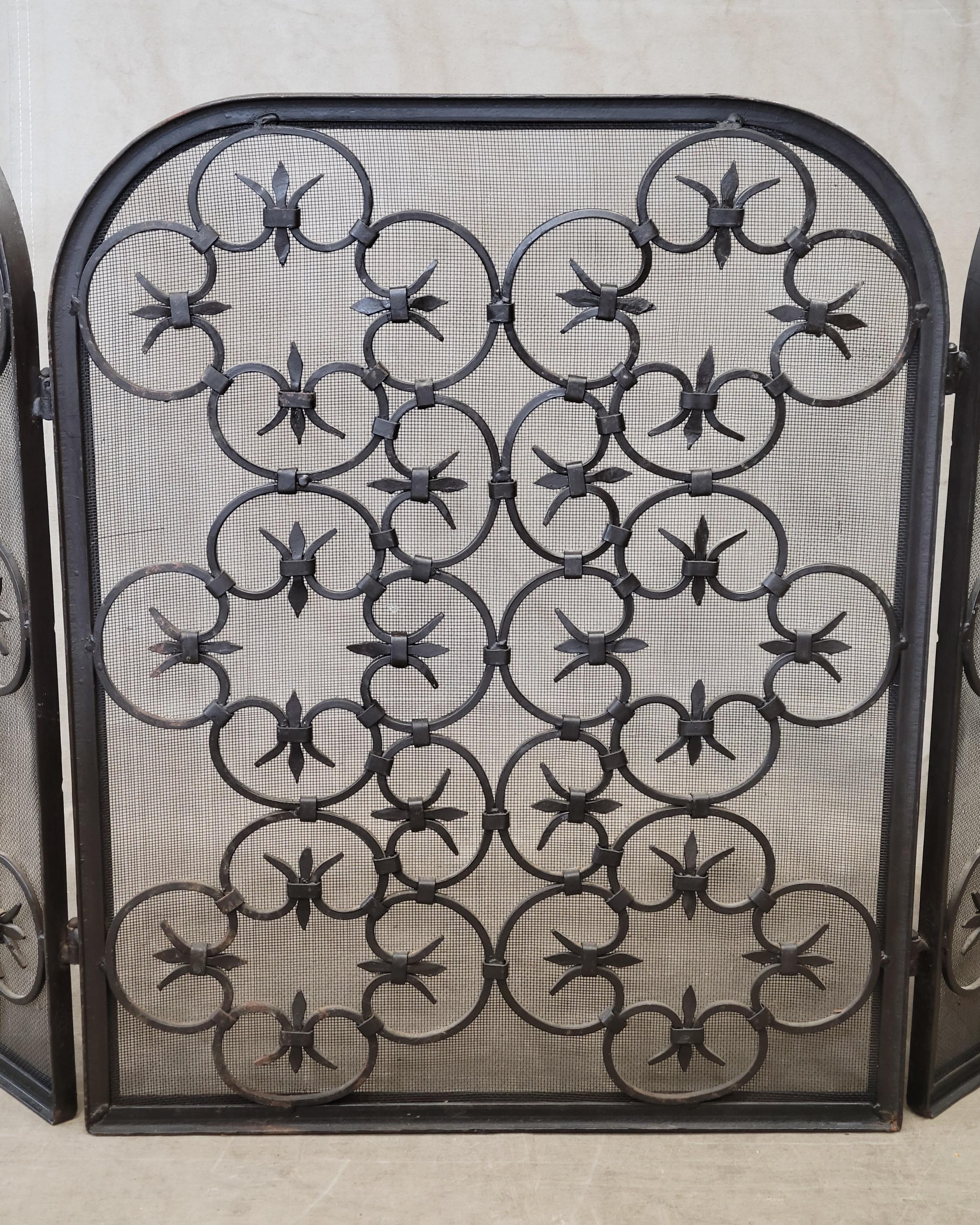 Spanish Colonial Vintage Spanish Revival Iron Three Panel Folding Fireplace Screen For Sale