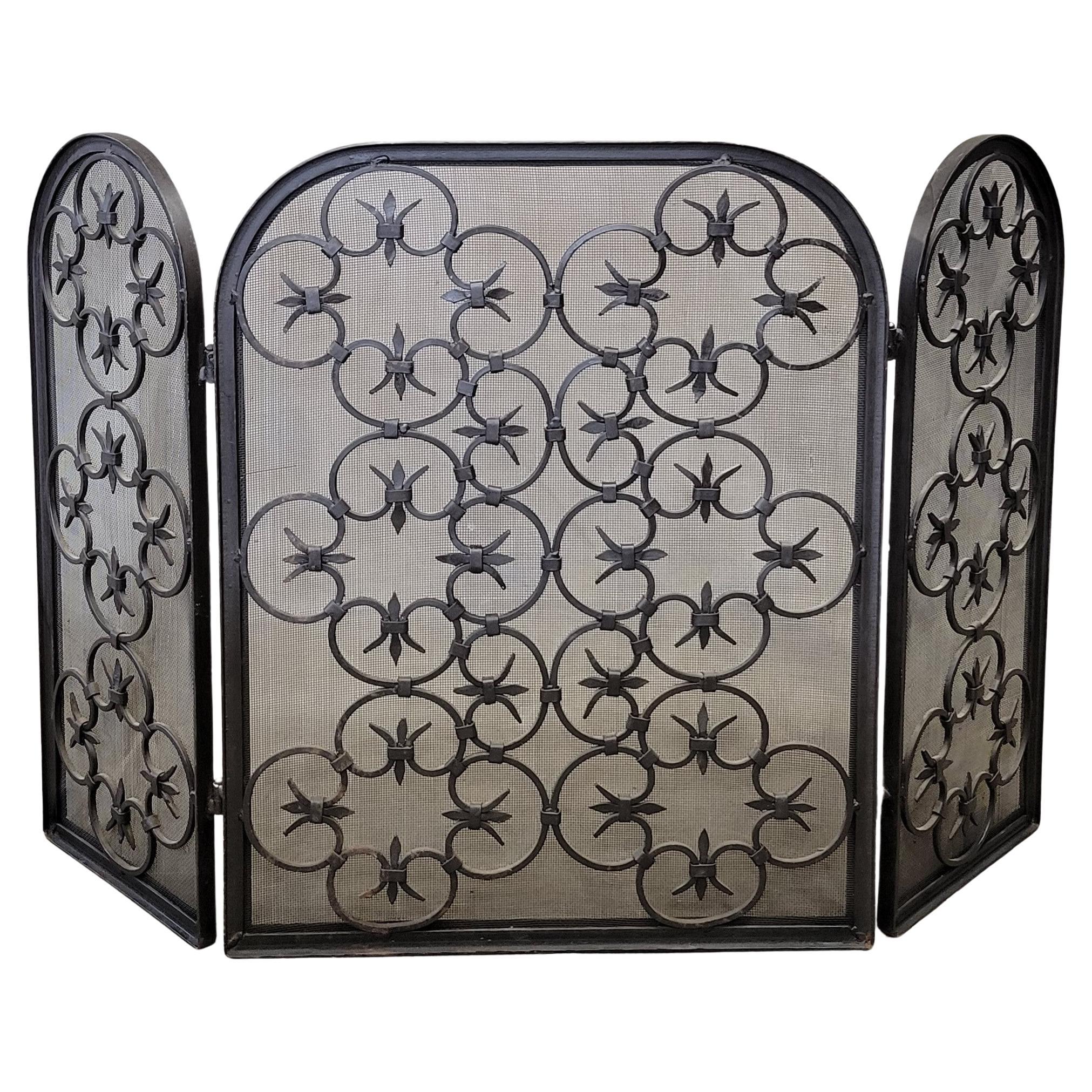 Vintage Spanish Revival Iron Three Panel Folding Fireplace Screen For Sale