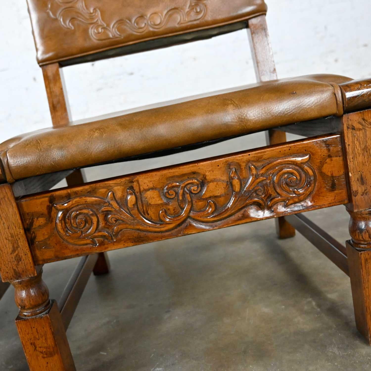 Vintage Spanish Revival Oak Pair of Chairs with Tooled Cognac Faux Leather Seat For Sale 4