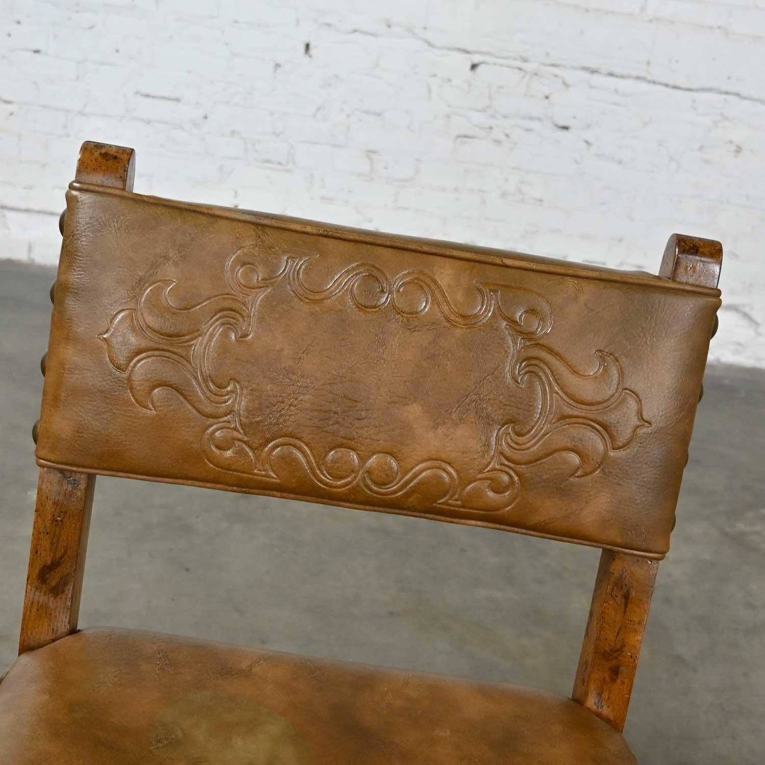 Vintage Spanish Revival Oak Pair of Chairs with Tooled Cognac Faux Leather Seat For Sale 5