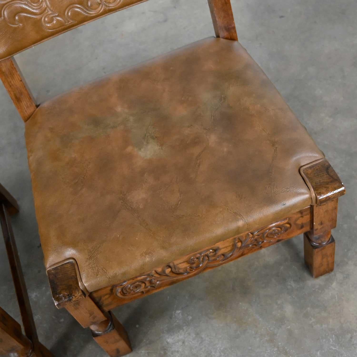 Vintage Spanish Revival Oak Pair of Chairs with Tooled Cognac Faux Leather Seat For Sale 6