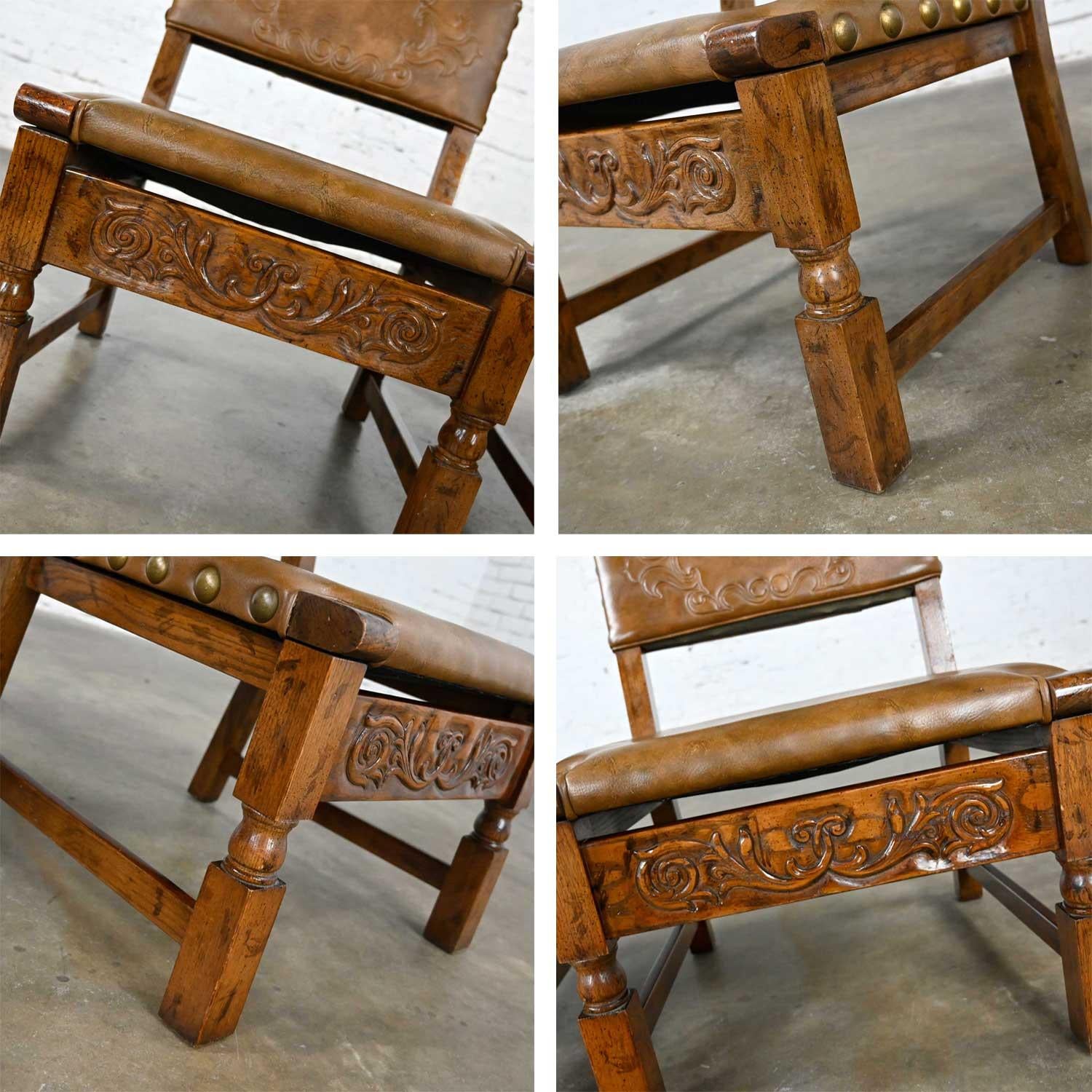 Vintage Spanish Revival Oak Pair of Chairs with Tooled Cognac Faux Leather Seat For Sale 8
