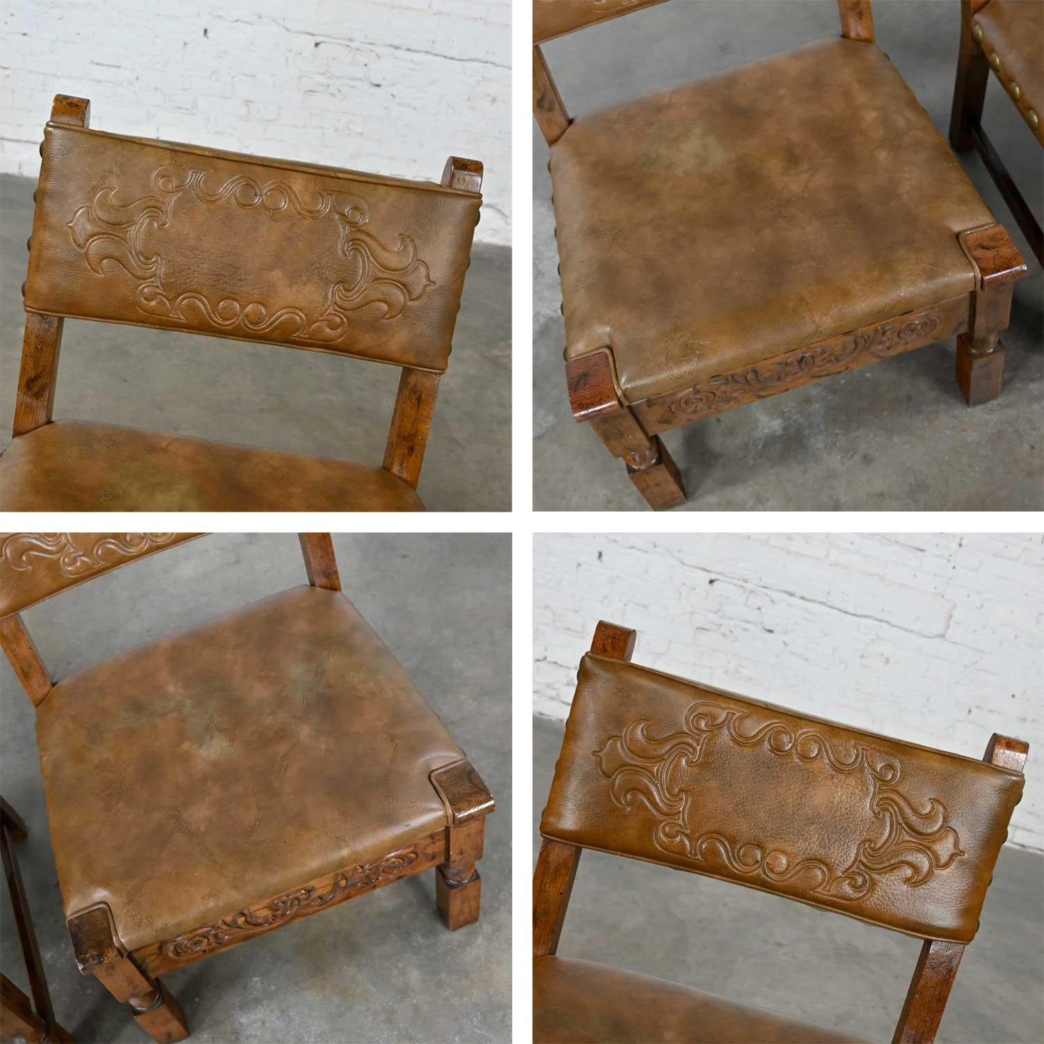 Vintage Spanish Revival Oak Pair of Chairs with Tooled Cognac Faux Leather Seat For Sale 12