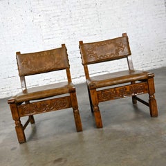 Vintage Spanish Revival Oak Pair of Chairs with Tooled Cognac Faux Leather Seat