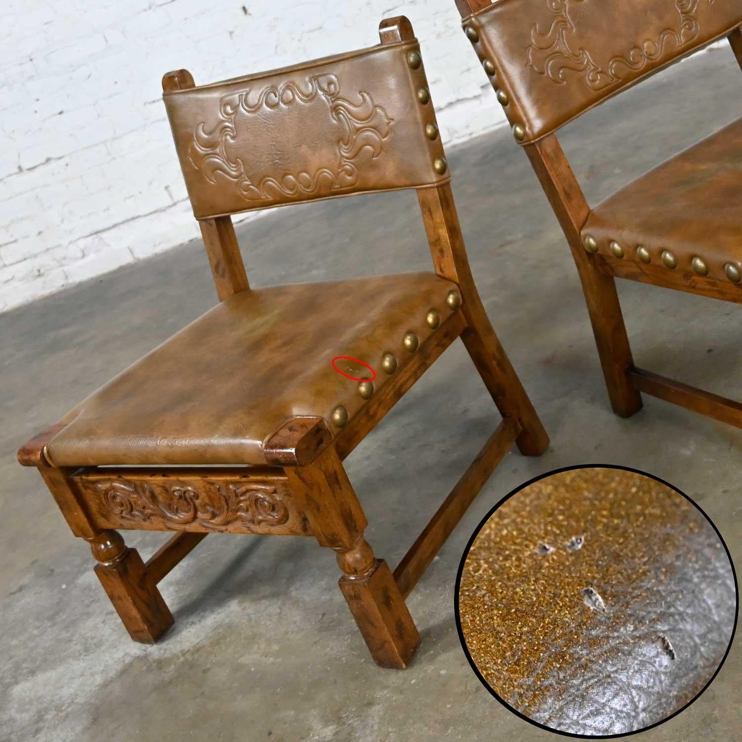 Vintage Spanish Revival Oak Pair of Chairs with Tooled Cognac Faux Leather Seat For Sale 13