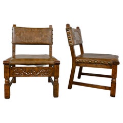 Antique Spanish Revival Oak Pair of Chairs with Tooled Cognac Faux Leather Seat