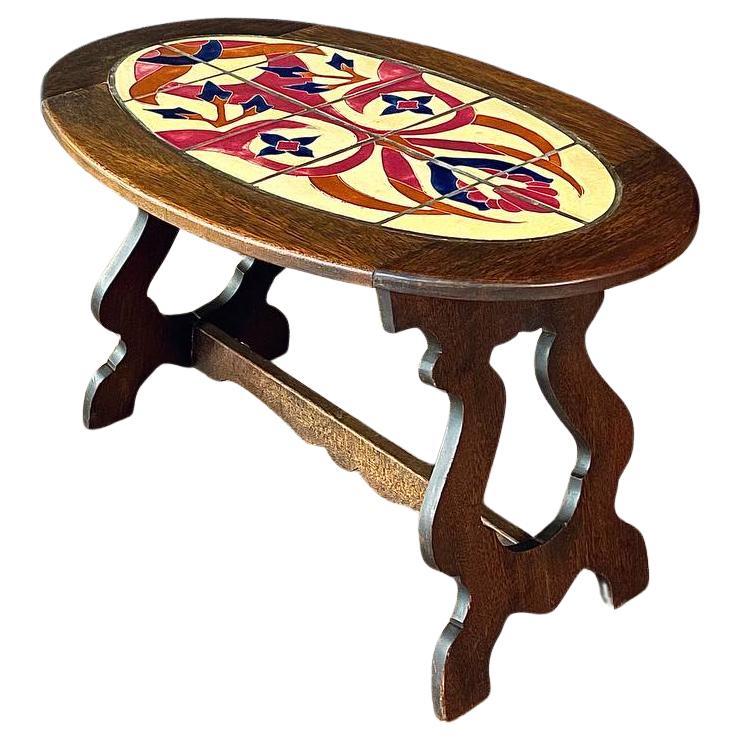 Vintage Spanish Revival Eiche & Kachel Couchtisch im Angebot