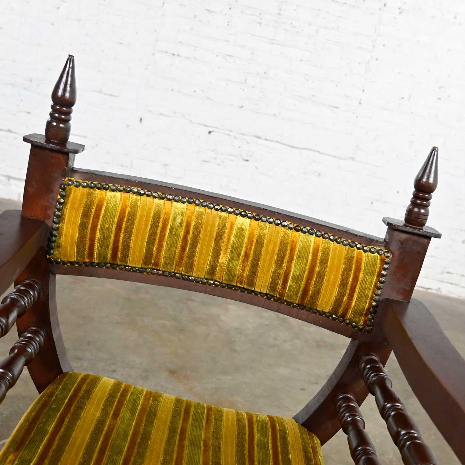 Vintage Spanish Revival Savonarola Curule Chair Striped Velvety Chenille Fabric For Sale 2