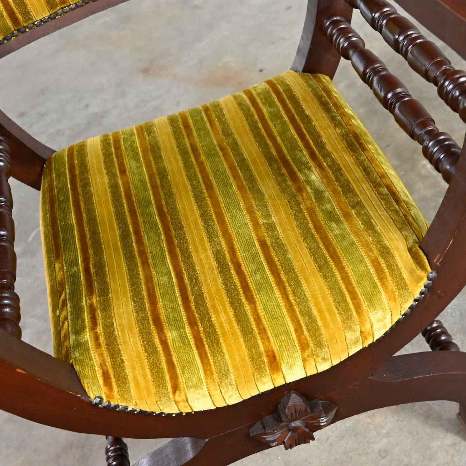 Vintage Spanish Revival Savonarola Curule Chair Striped Velvety Chenille Fabric For Sale 3