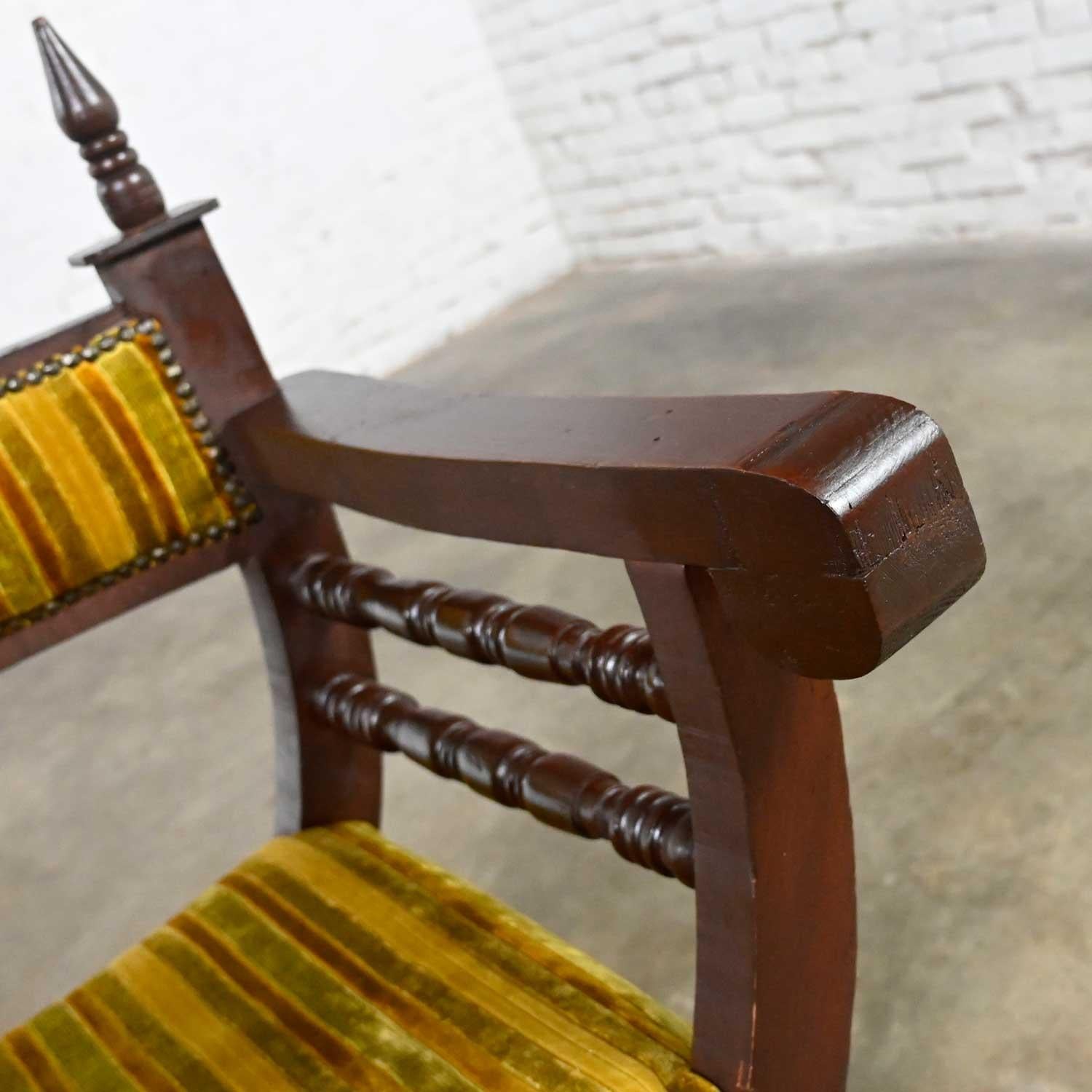 Vintage Spanish Revival Savonarola Curule Chair Striped Velvety Chenille Fabric For Sale 4