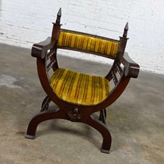Vintage Spanish Revival Savonarola Curule Chair Striped Velvety Chenille Fabric