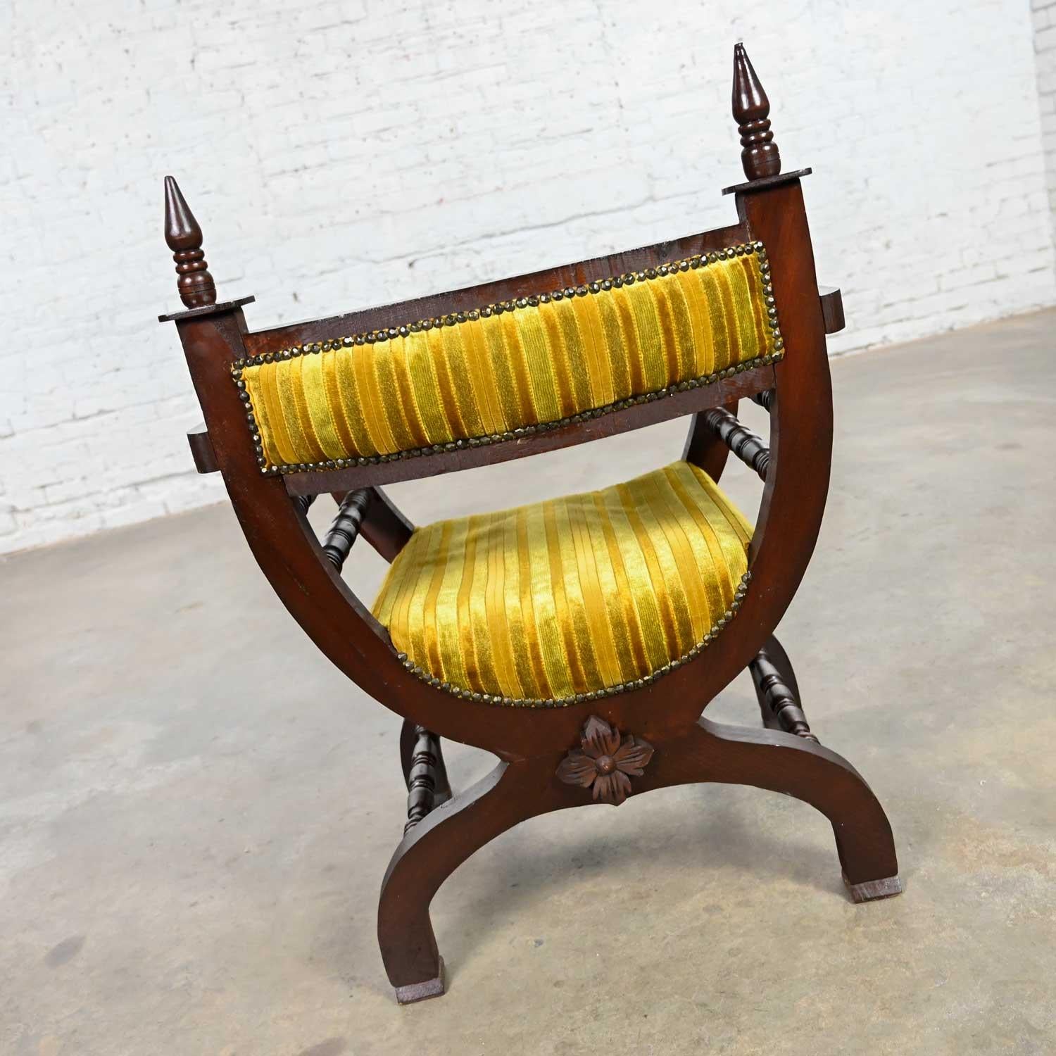 Vintage Spanish Revival Savonarola Curule Chair Striped Velvety Chenille Fabric In Good Condition For Sale In Topeka, KS
