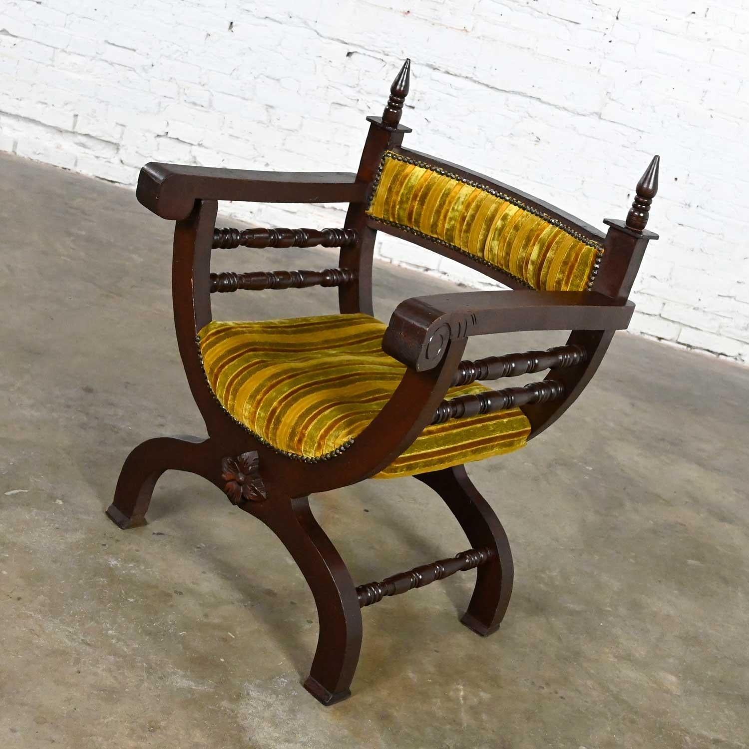 20th Century Vintage Spanish Revival Savonarola Curule Chair Striped Velvety Chenille Fabric For Sale